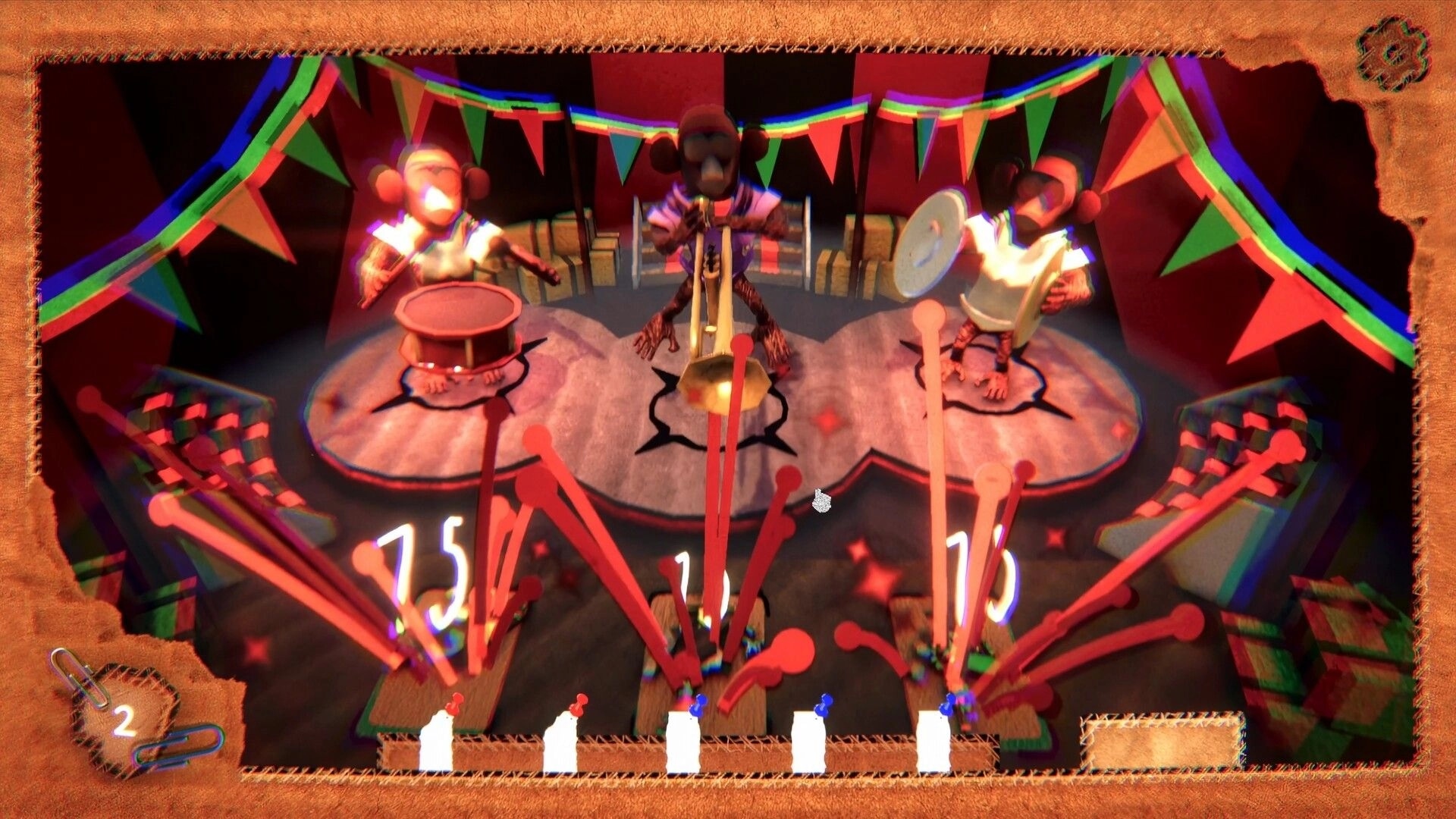 STACK'EM!: Toy band performing on stage with colorful banners and score counters in a festive setting.