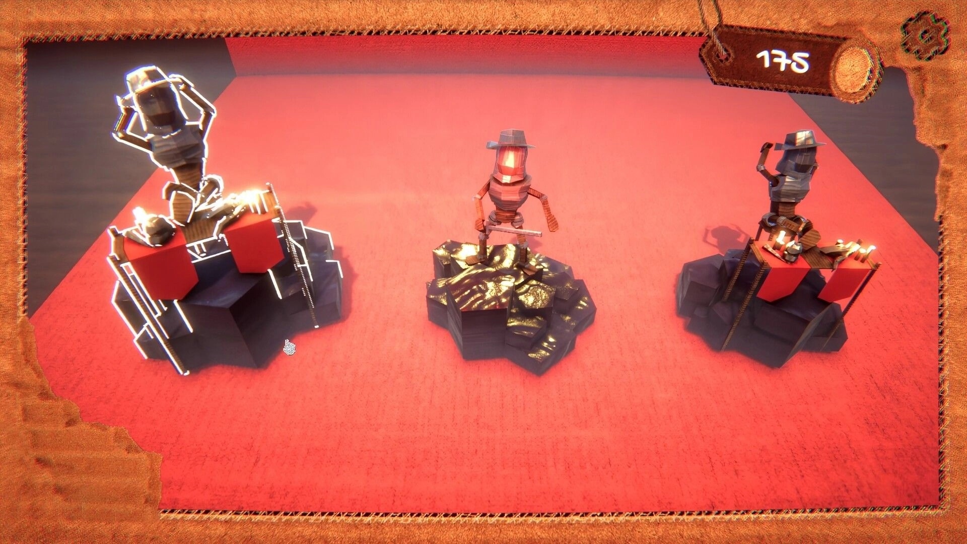 STACK'EM!: Three toy figures on platforms with a score of 175 in a red arena environment.