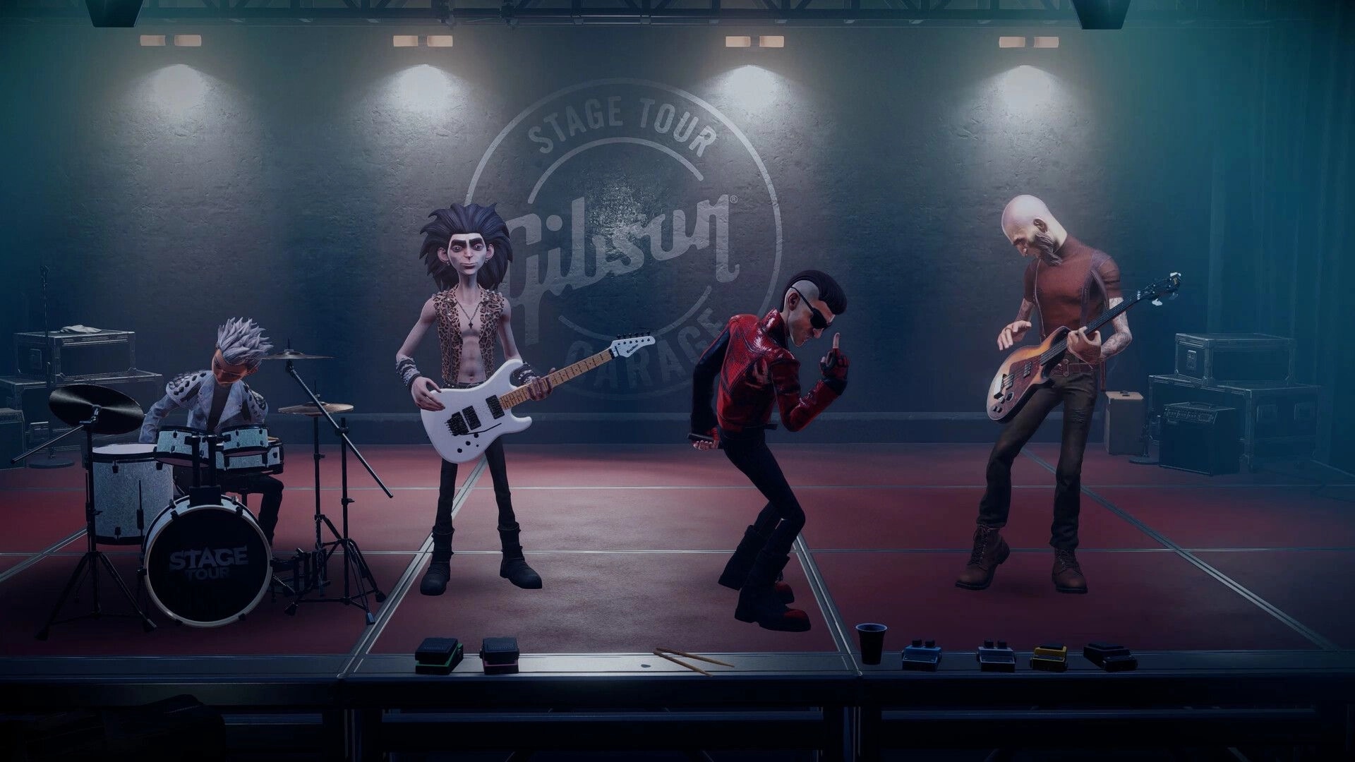 STAGE TOUR: Band performs with drummer, guitarist, singer and bassist on lit stage with Gibson logo backdrop.