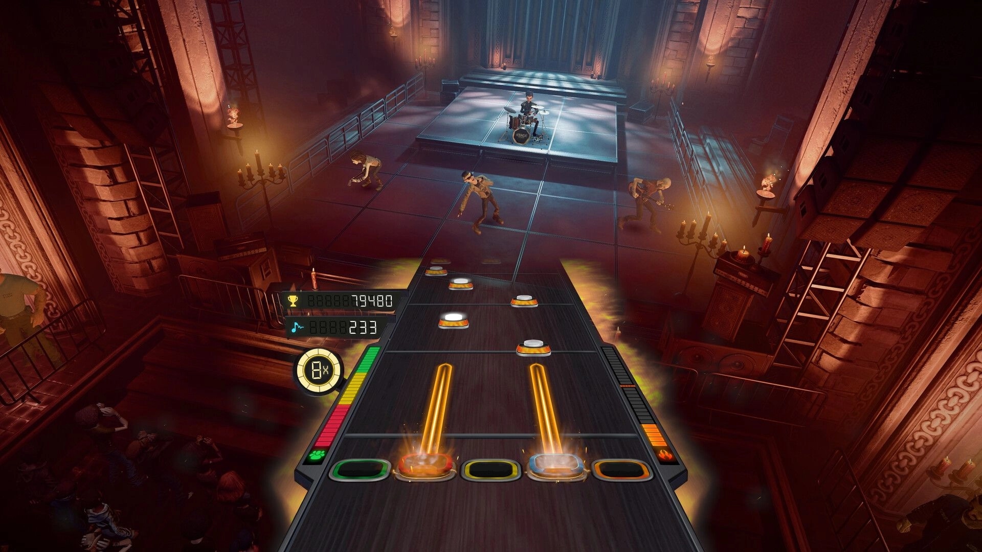 STAGE TOUR: Note highway with score meter as band performs on a candlelit gothic stage hall.