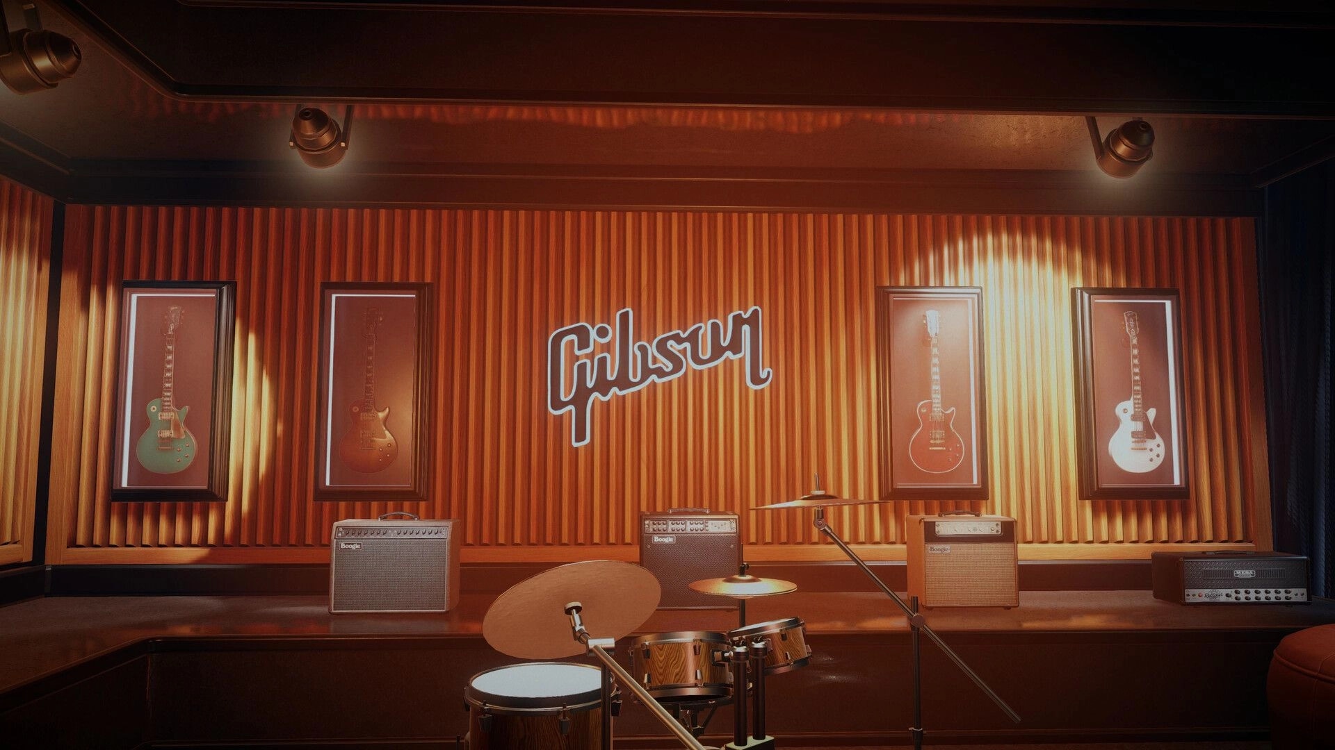 STAGE TOUR: Gibson backstage lounge with framed guitars, amps lined up, and drum kit in front.