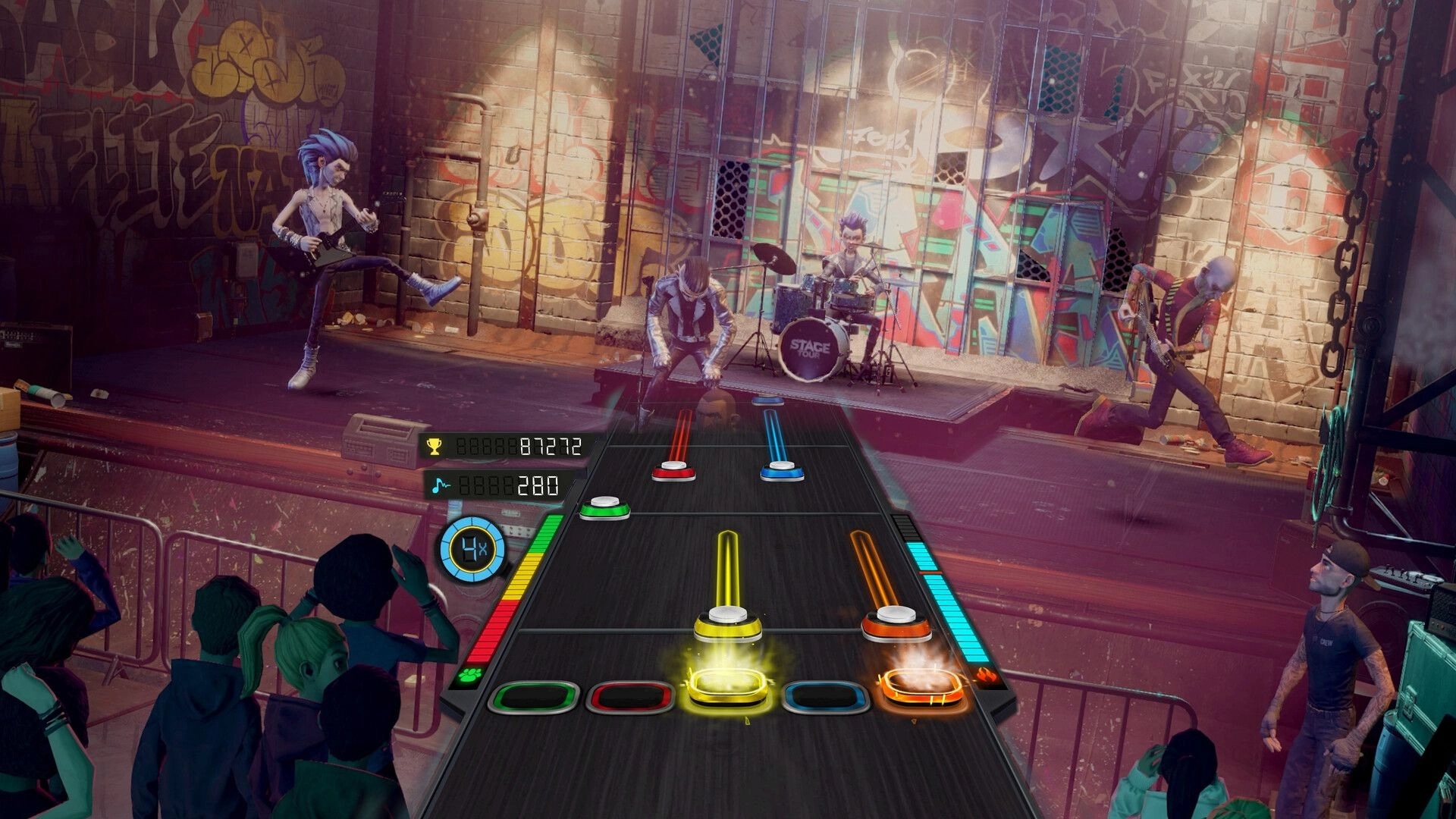 STAGE TOUR: Note highway UI as band performs on a graffiti alley stage with cheering crowd.