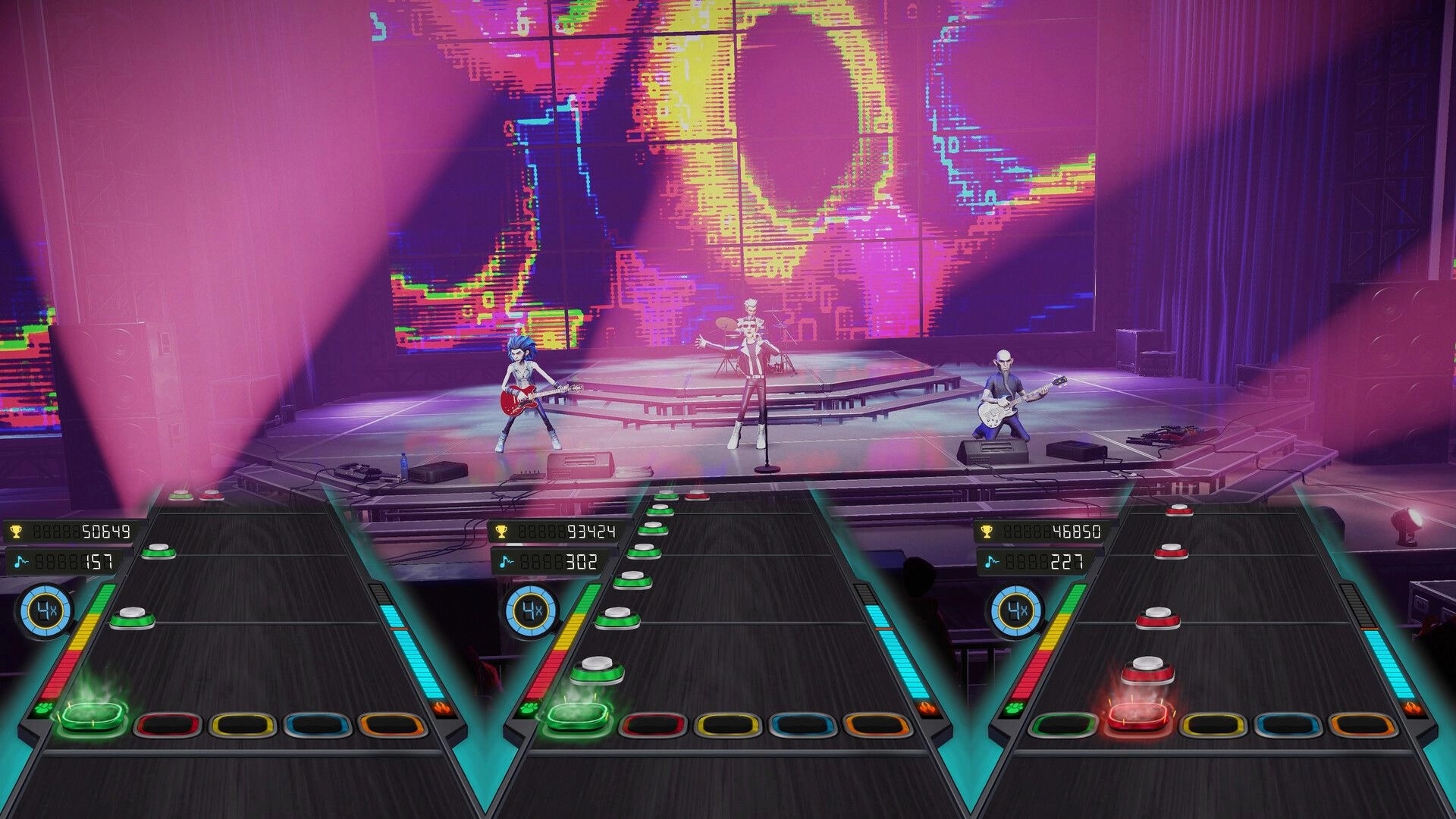 STAGE TOUR: Three-lane rhythm note highways as a band performs on a neon-lit concert stage backdrop.