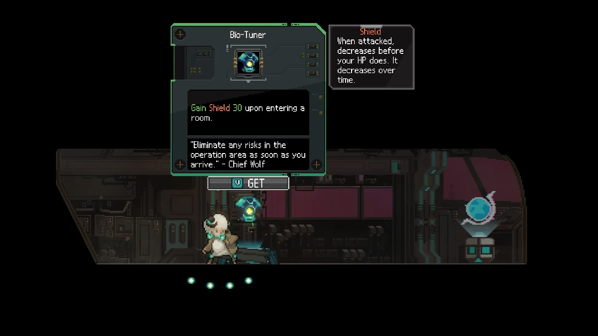 STAND-ALONE: Character collects Bio-Tuner for shield boost in dimly lit sci-fi interior setting.