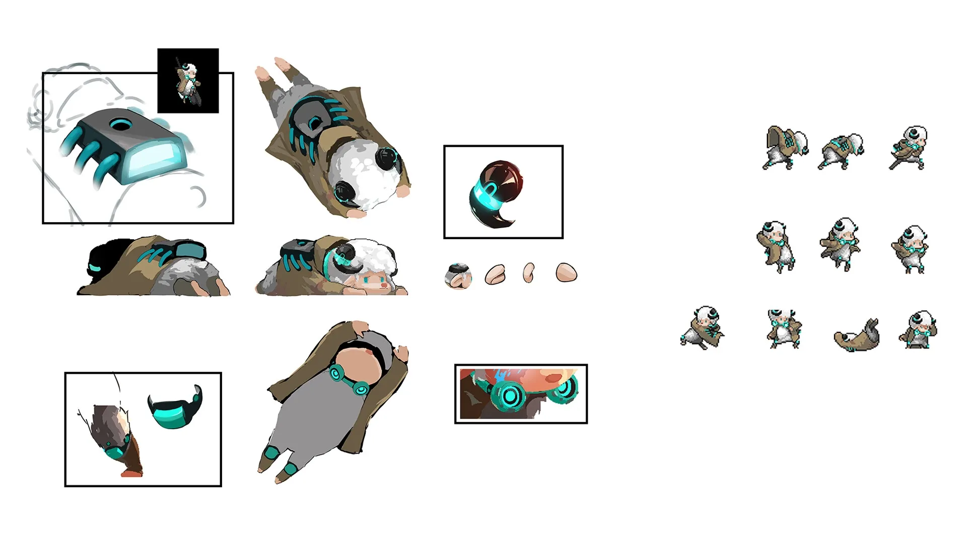 STAND-ALONE: Character sprite sheet with various poses and close-up details of outfit and accessories