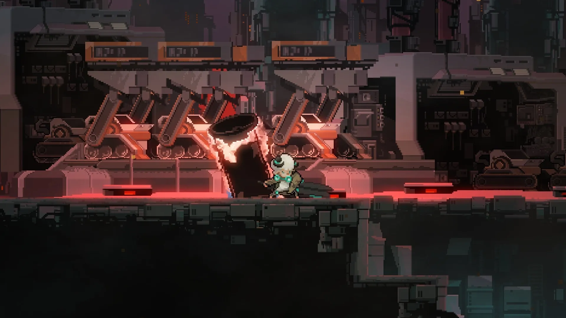 STAND-ALONE: Character navigating an industrial platform with glowing red machinery in a dark factory setting.