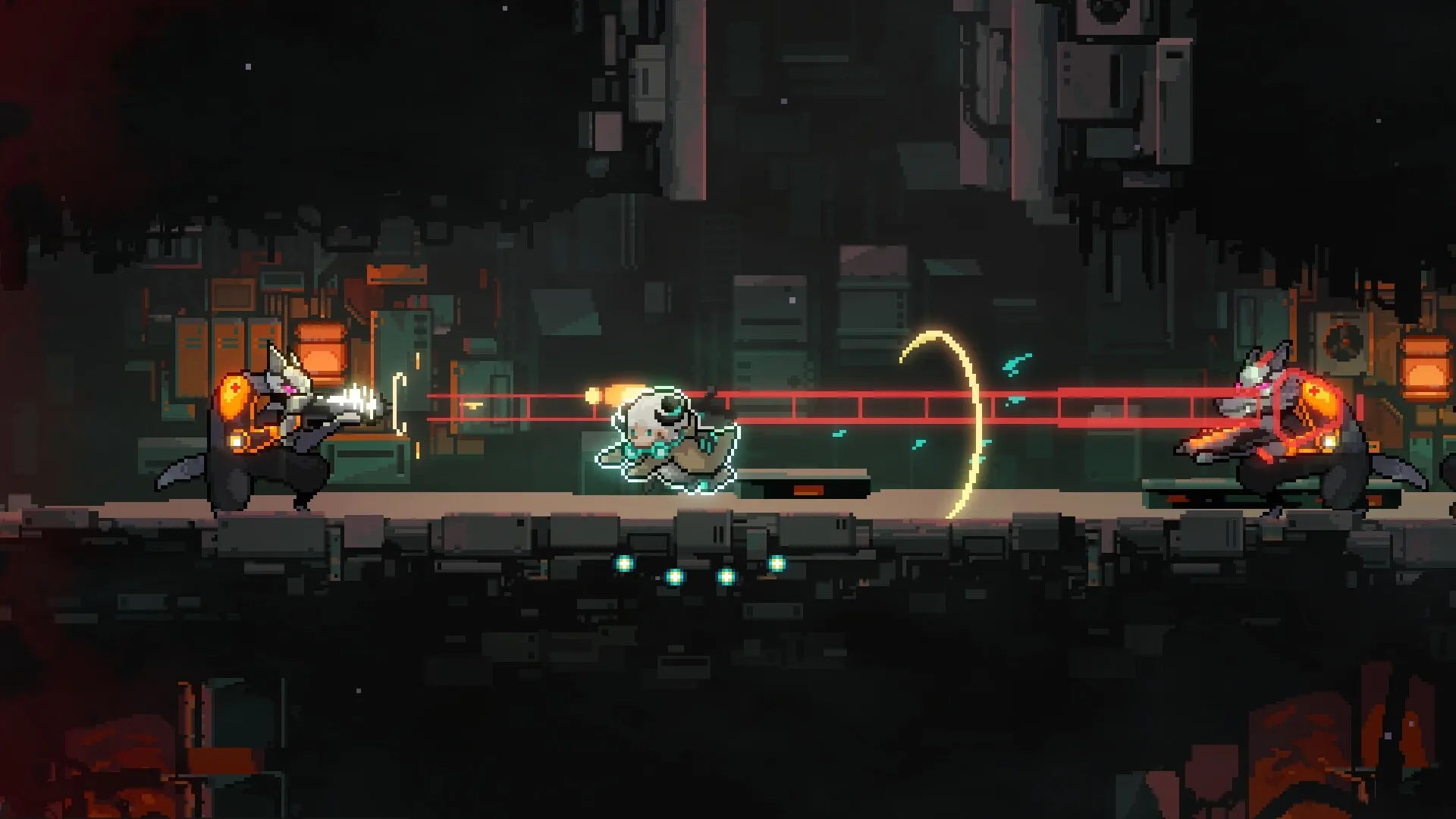 STAND-ALONE: Player character dodging laser beams from two enemies in an industrial pixel-art setting