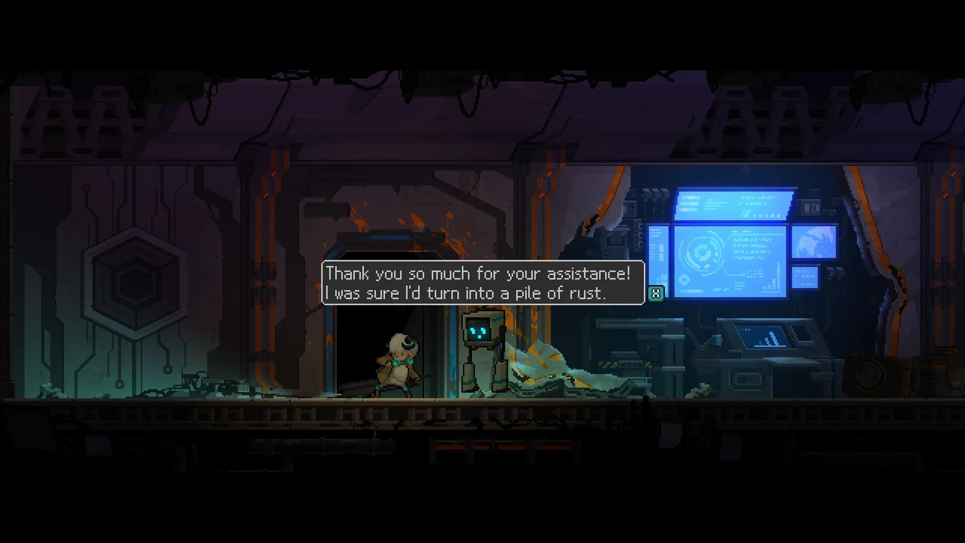 STAND-ALONE: Dialogue between robot and character in a futuristic lab with glowing blue monitors
