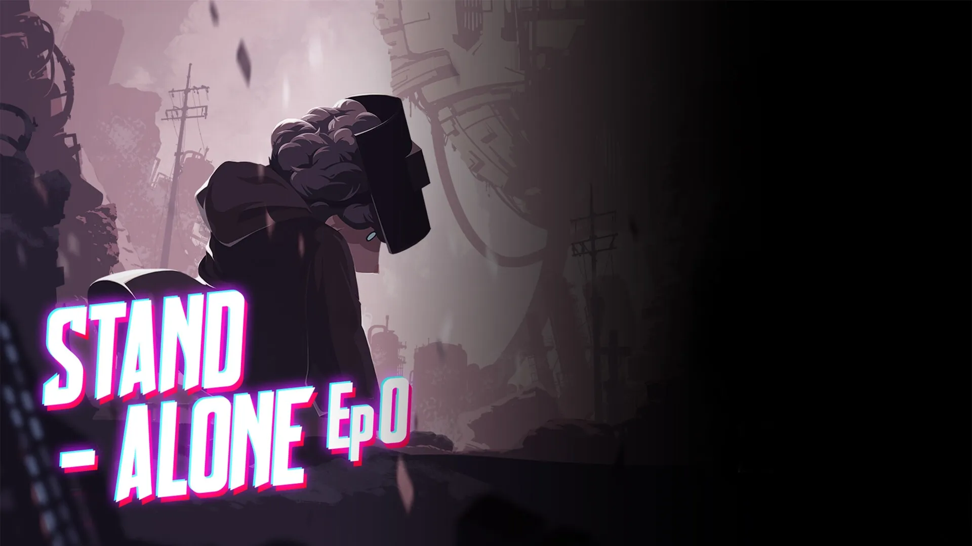 STAND-ALONE: Lone character wearing a helmet in a post-apocalyptic cityscape with ruins.