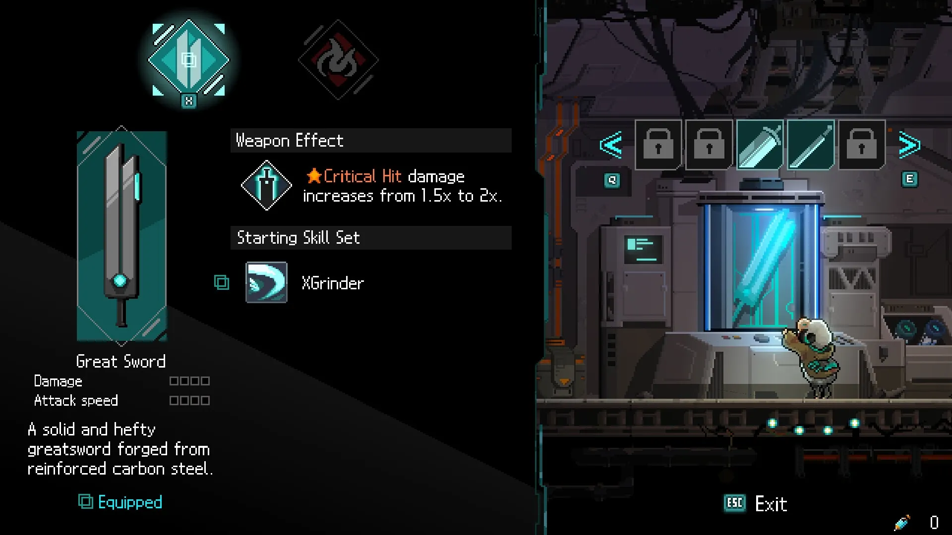 STAND-ALONE: Character examines greatsword in futuristic lab, weapon stats and skills displayed on screen.