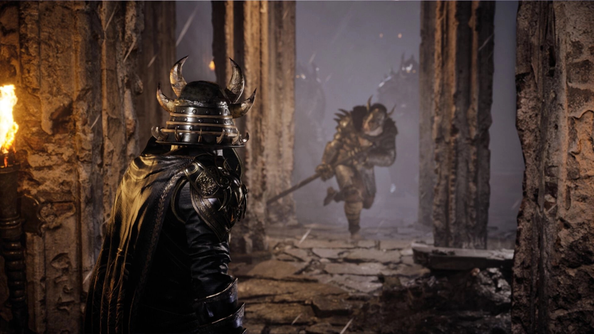 STAND: Armored warrior confronts charging enemy in a dimly lit stone corridor with torches.