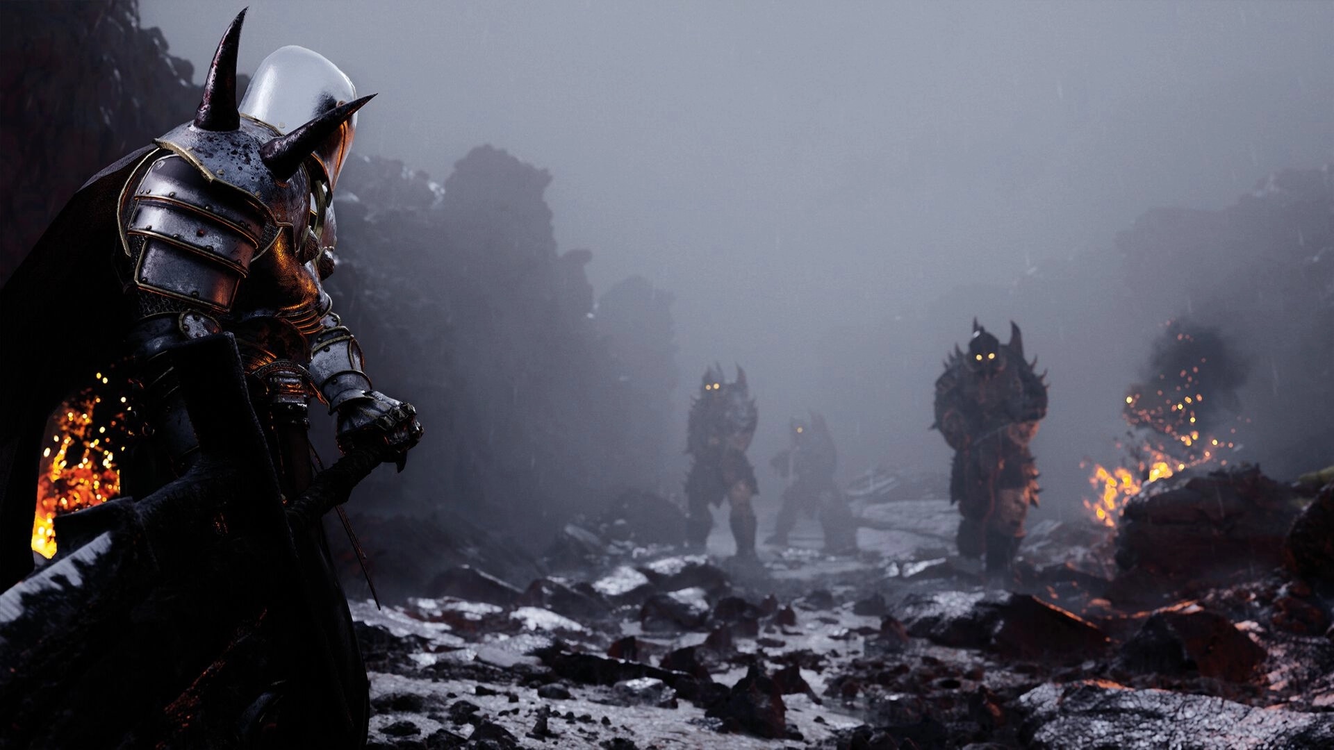 STAND: Armored warrior faces glowing-eyed demons in a foggy, volcanic battlefield with scattered fires.