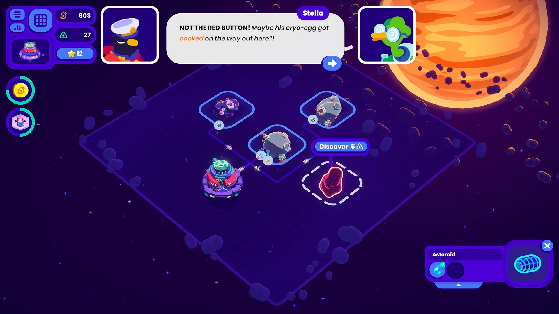 Star Birds: Stella sends message above asteroid mining base with production network and resource icons