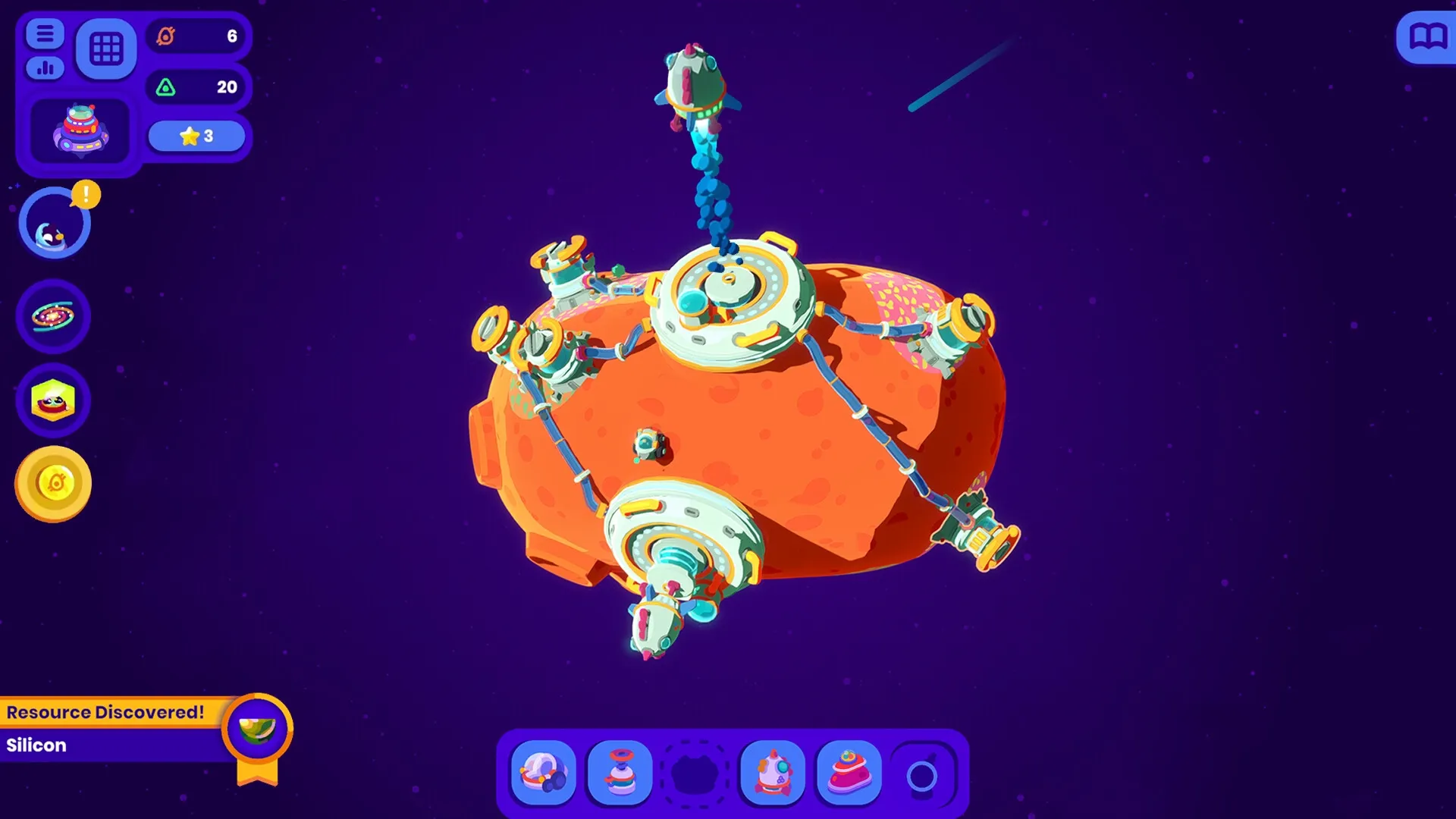 Star Birds: Asteroid base with resource menu and silicon discovery notification in space environment