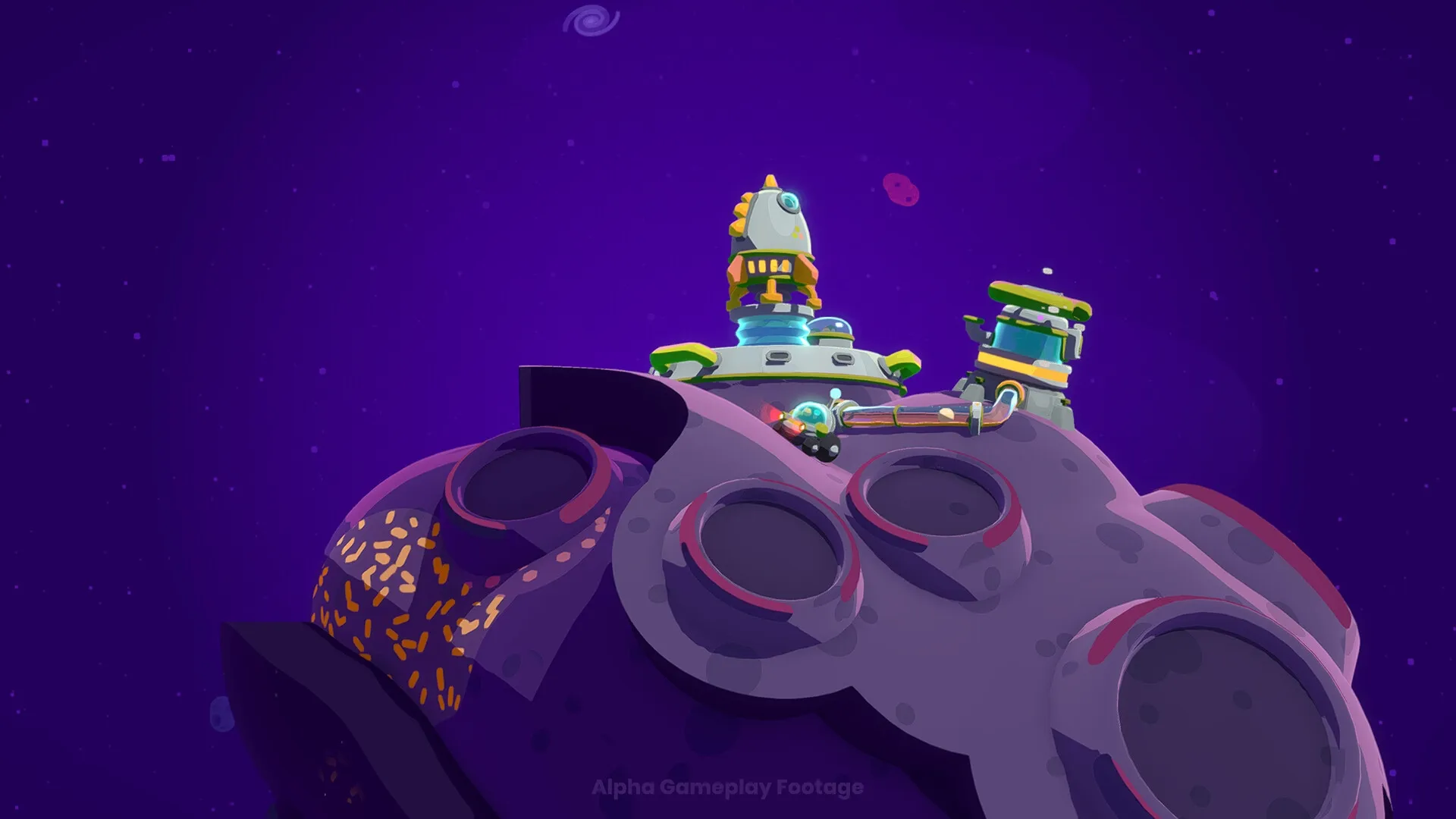 Star Birds: Spacefaring birds building structures on a large asteroid in a colorful galaxy setting