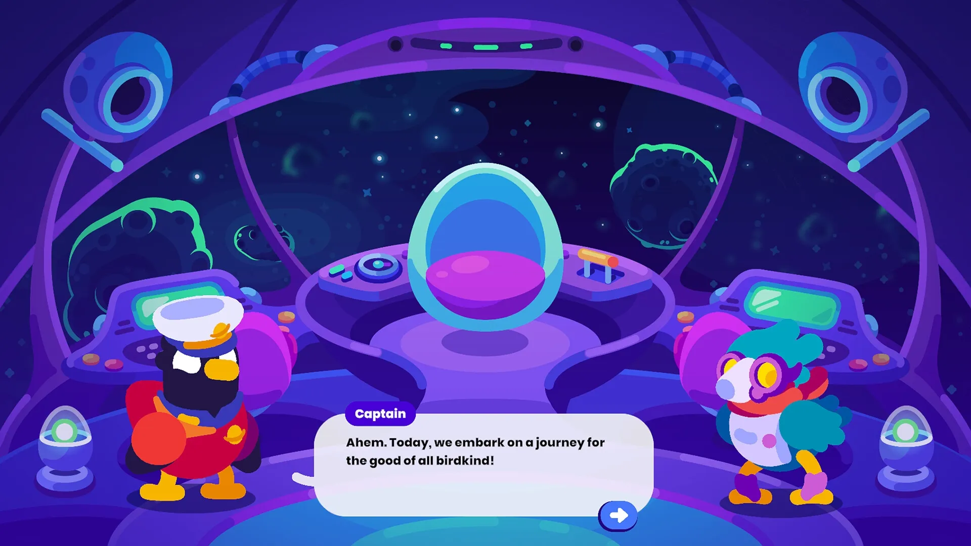 Star Birds: Captain delivering speech on spaceship bridge with control panels and space view in background