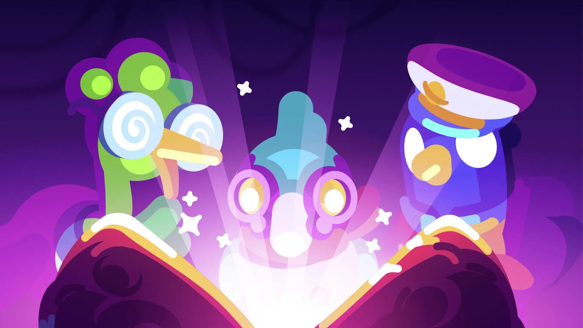 Star Birds: Three colorful birds gazing into a glowing book, surrounded by stars in a cosmic setting