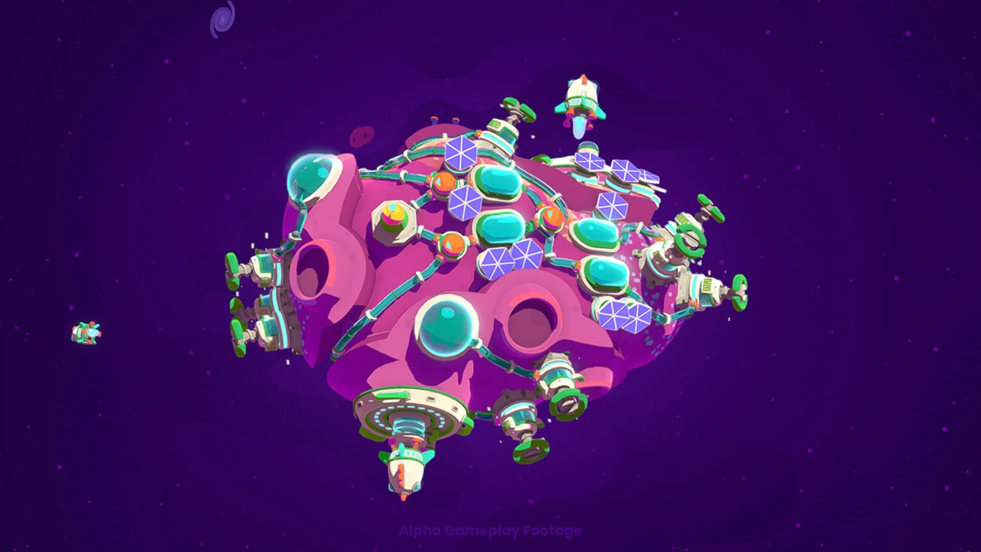 Star Birds: Colorful base with solar panels and domes on asteroid in deep space environment
