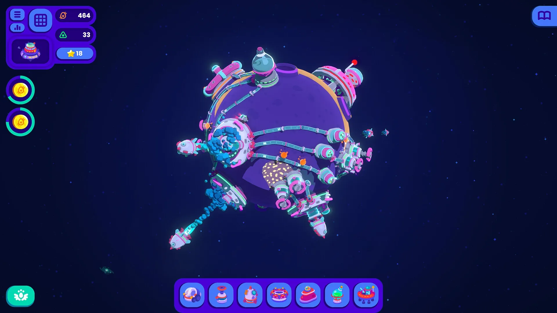 Star Birds: Space station construction with resource icons and building options in deep space environment