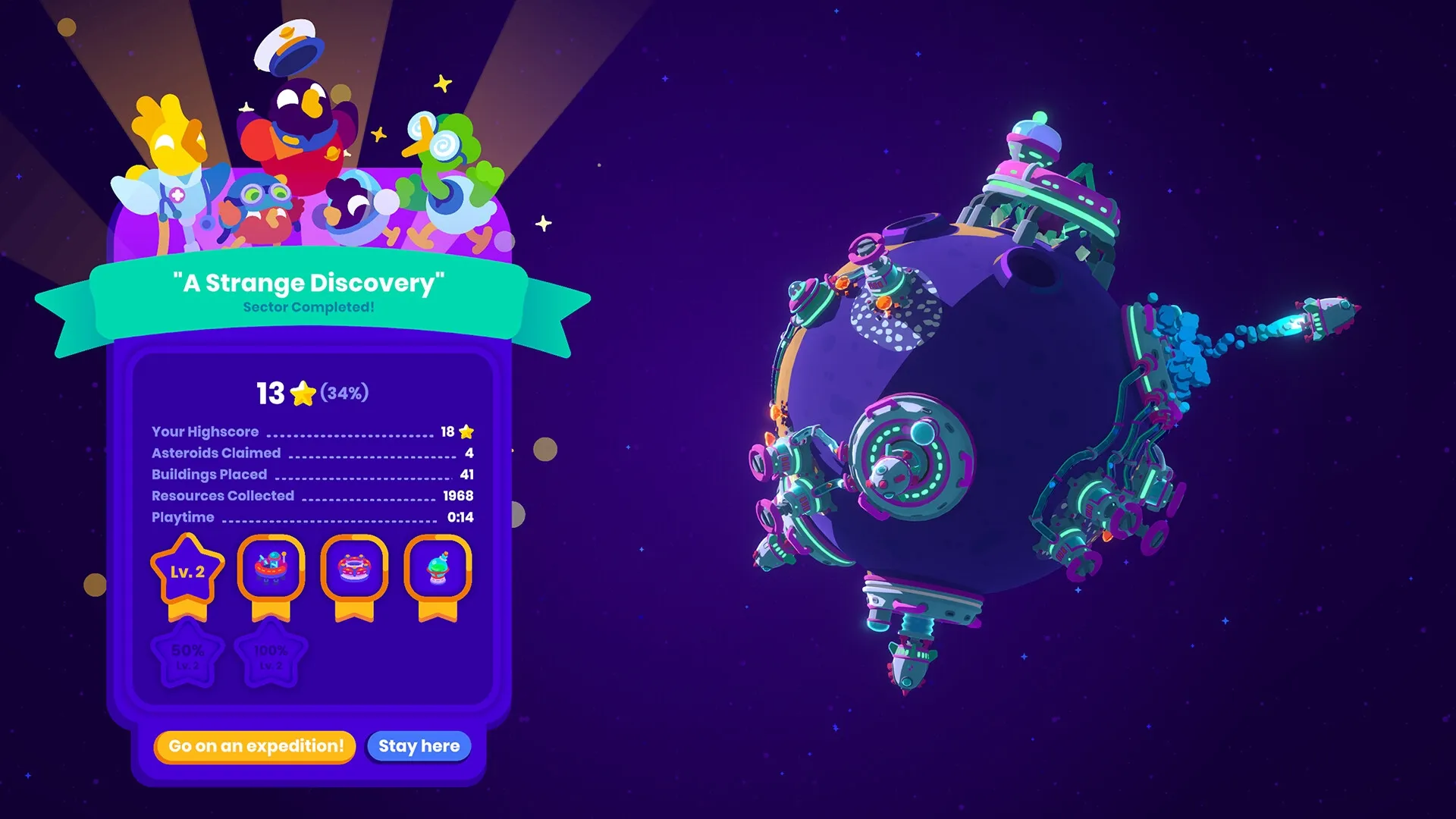 Star Birds: Sector completion screen with stats and colorful asteroid base in space environment