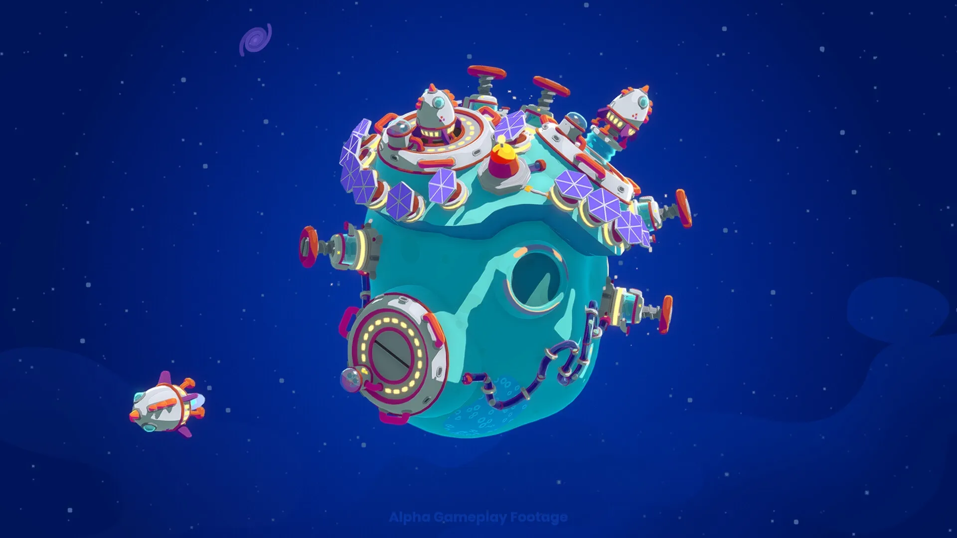 Star Birds: Space base with solar panels and rockets floating in starry space environment