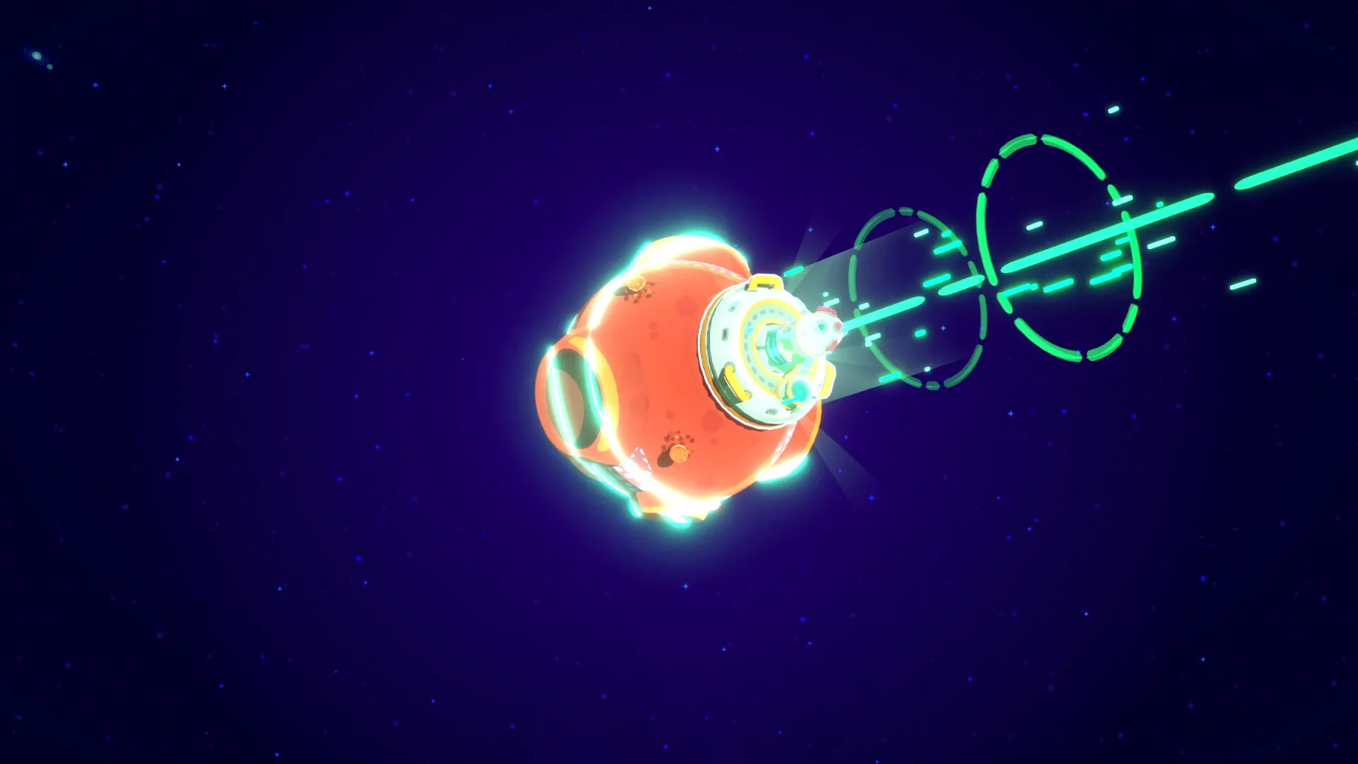 Star Birds: Glowing asteroid base with laser beam in deep space environment