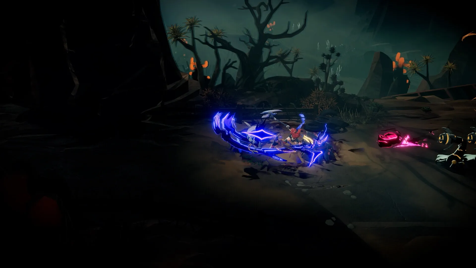 STAR FIRE: Player battling enemies with glowing weapon in a dark, eerie forest environment.
