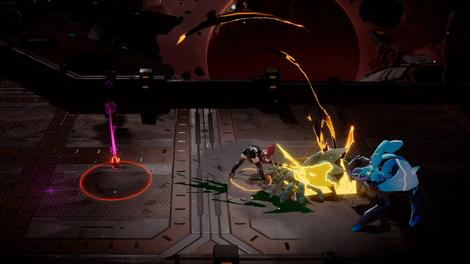 STAR FIRE: Intense combat with two armored characters battling on a spaceship platform against cosmic backdrop.