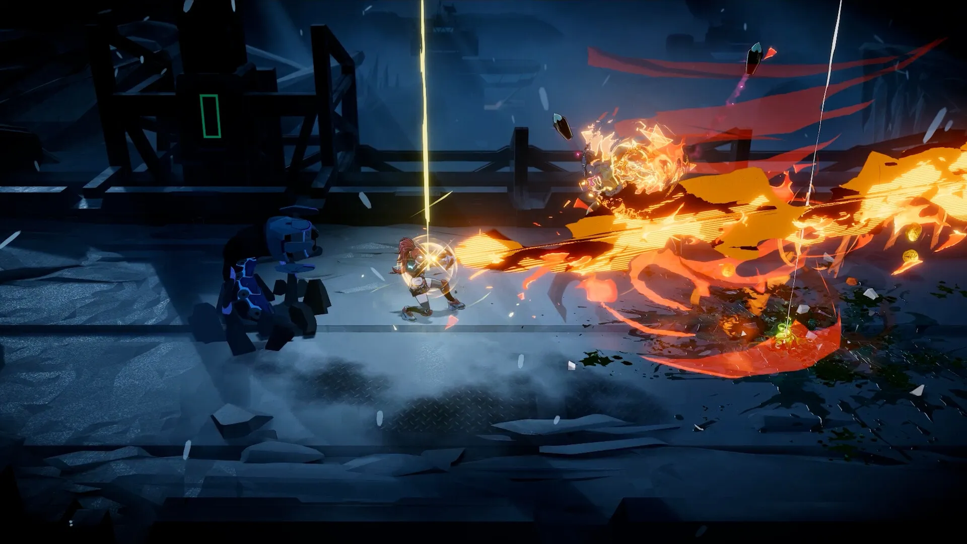 STAR FIRE: Intense combat with player launching fiery attack in dark, industrial environment