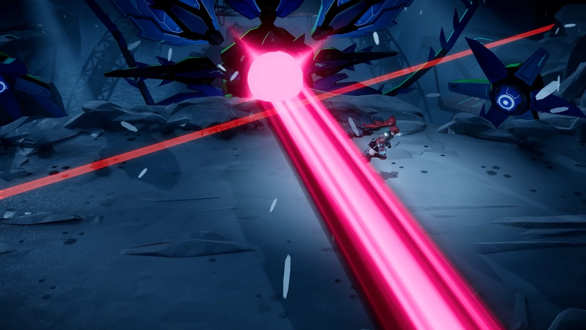 STAR FIRE: Player dodging massive pink laser from alien ship in rocky, dark terrain environment