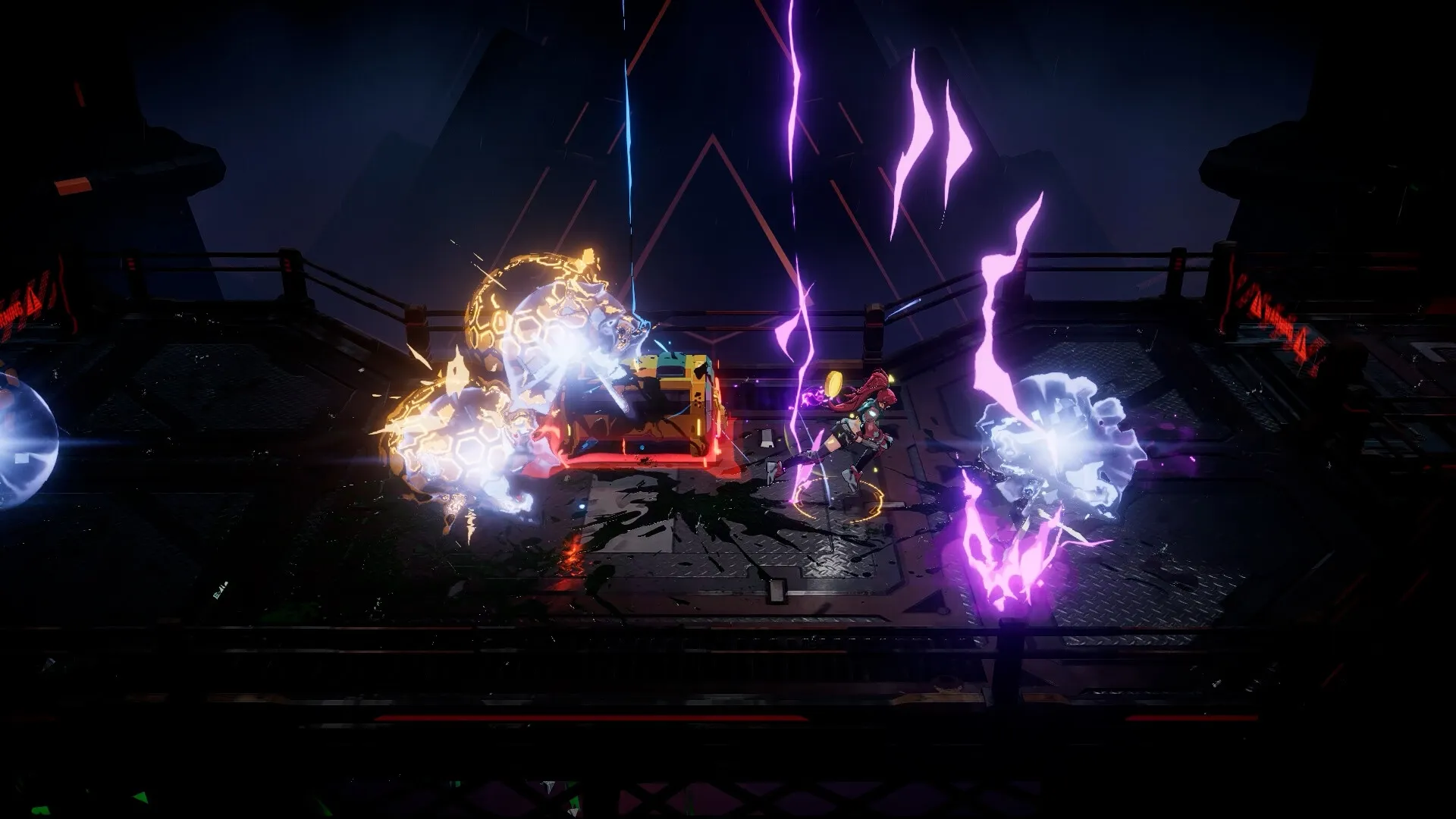 STAR FIRE: Intense combat scene with lightning attacks on a futuristic platform surrounded by energy orbs.