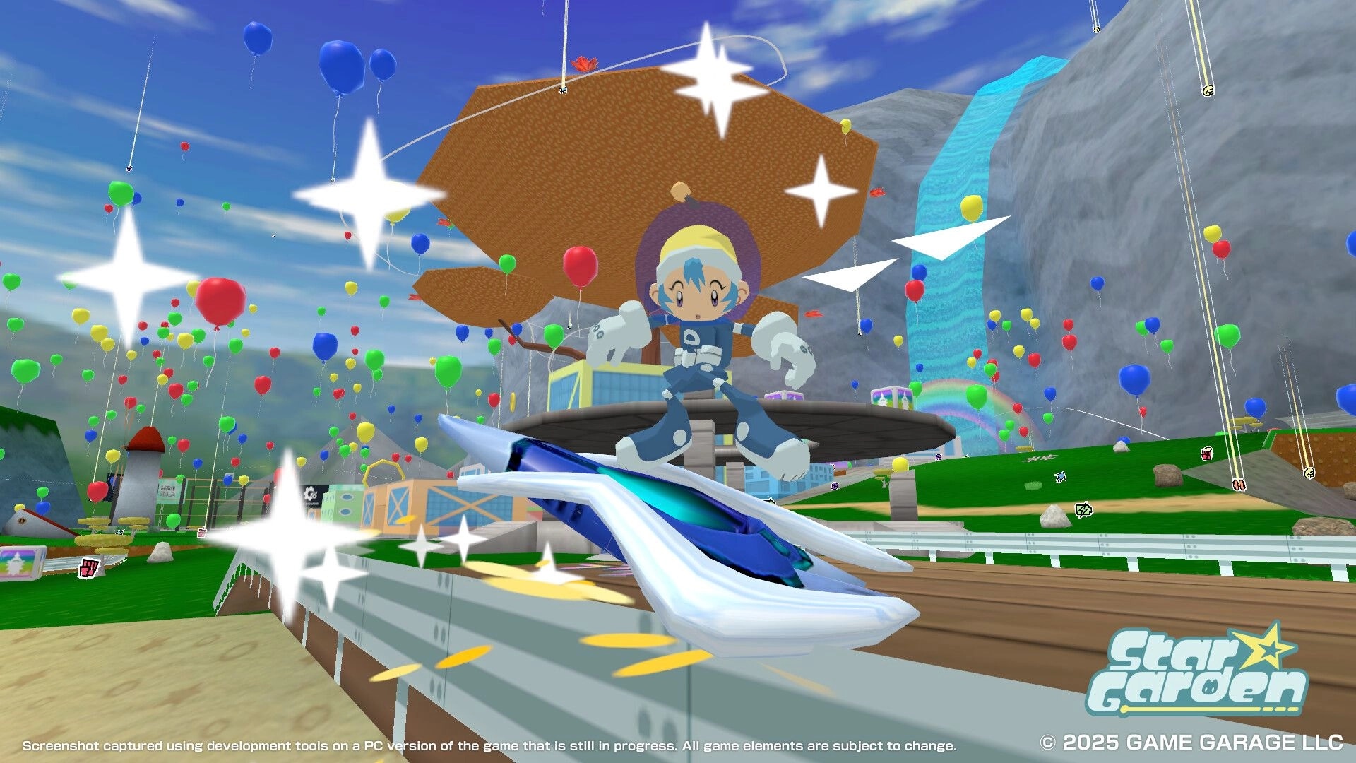 Star Garden: Character floats above platform with balloons and waterfall in colorful festival setting
