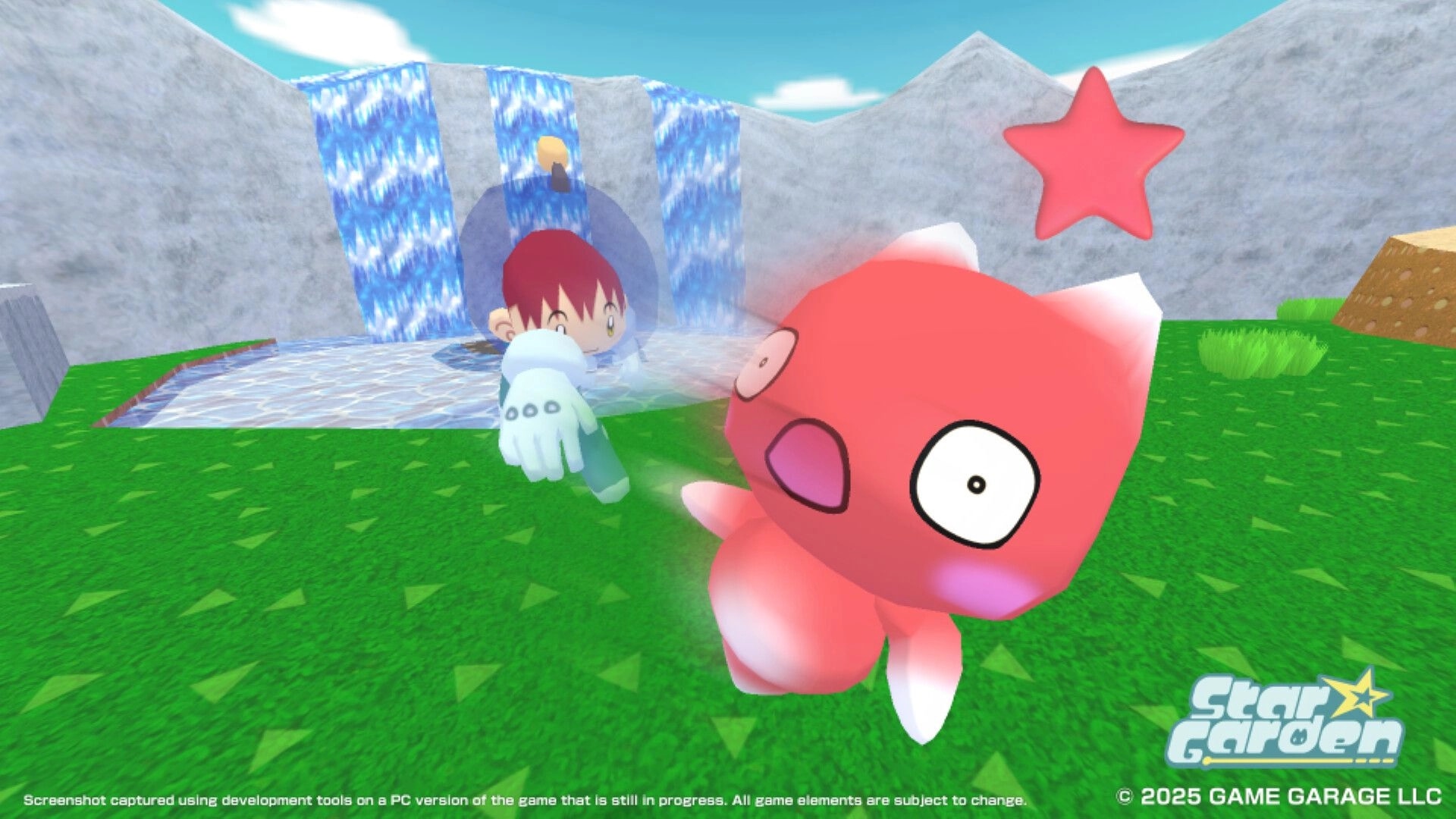 Star Garden: Red cosmic pet with player near waterfall in grassy mountain landscape