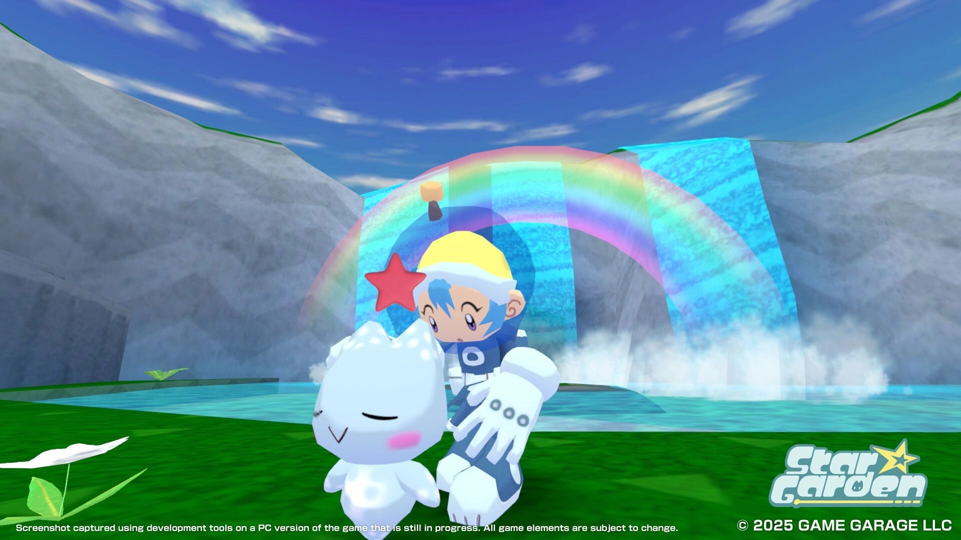 Star Garden: Player with cosmic pet near a waterfall under a vibrant rainbow in lush valley setting