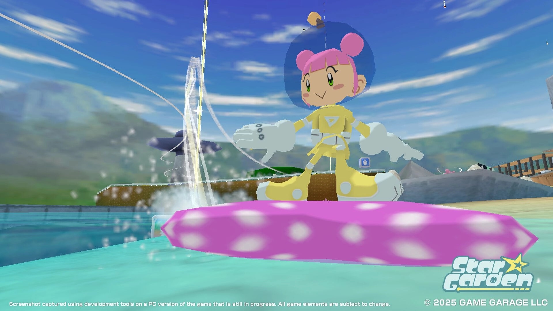Star Garden: Character on hoverboard over water with mountains and clear blue sky in the background