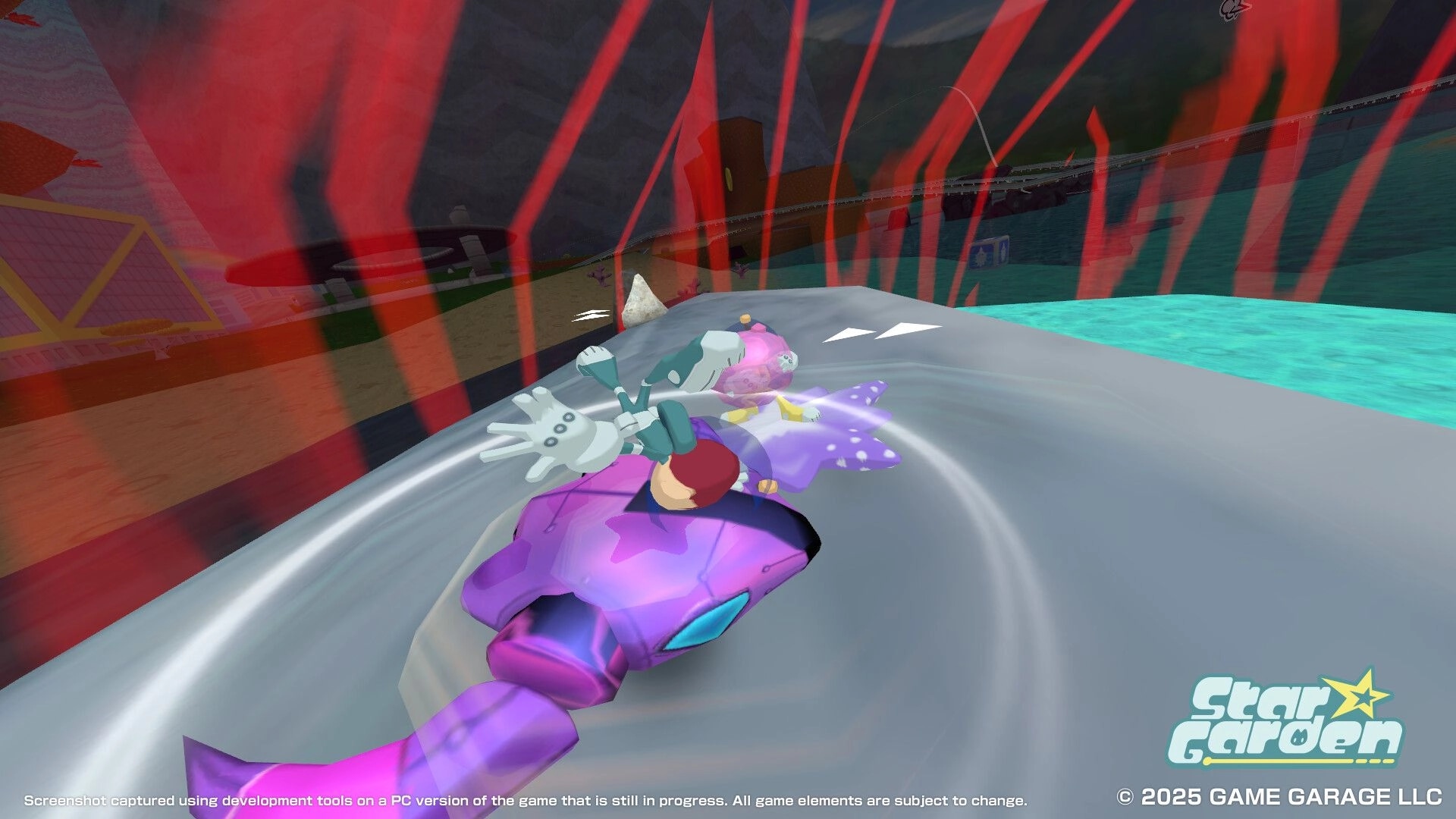 Star Garden: Racing on a futuristic track with a purple vehicle and cosmic pet companion in vibrant arena.