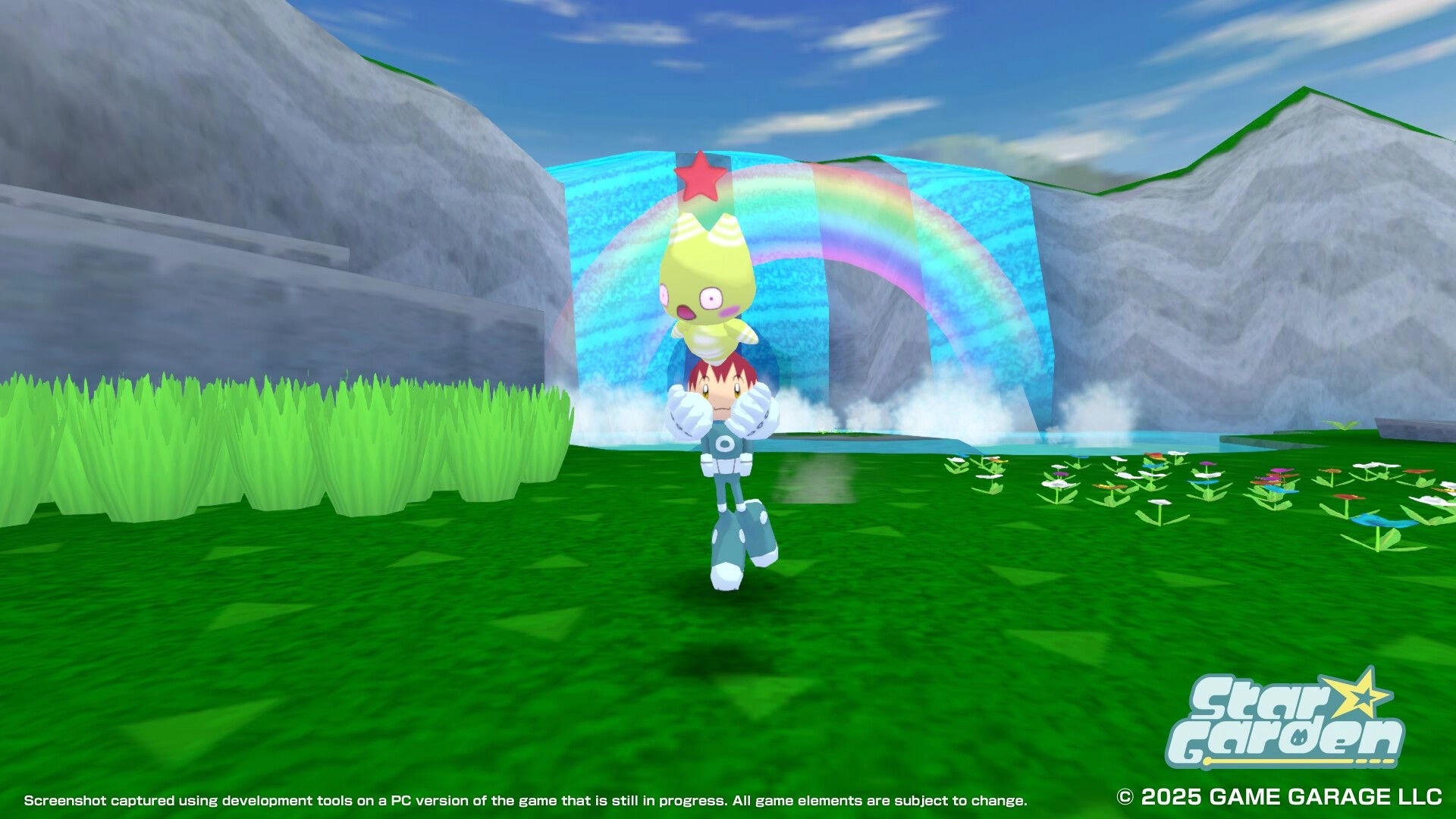 Star Garden: Player holds cosmic pet under rainbow near waterfall in lush green valley environment