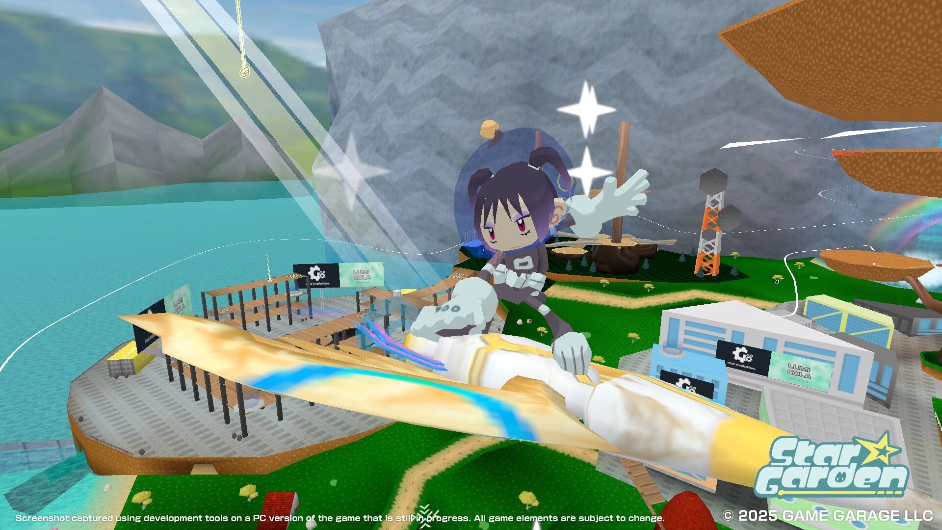 Star Garden: Character riding a cosmic pet vehicle over a colorful floating island landscape