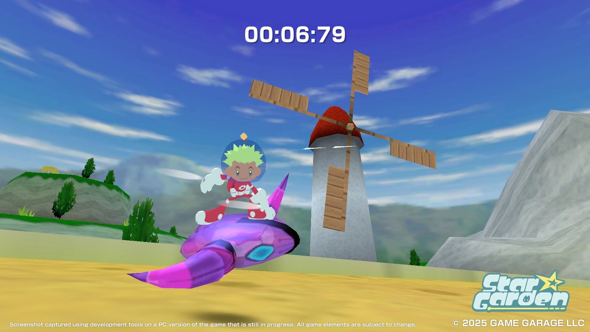 Star Garden: Character riding a cosmic pet vehicle near a windmill in a bright, open landscape