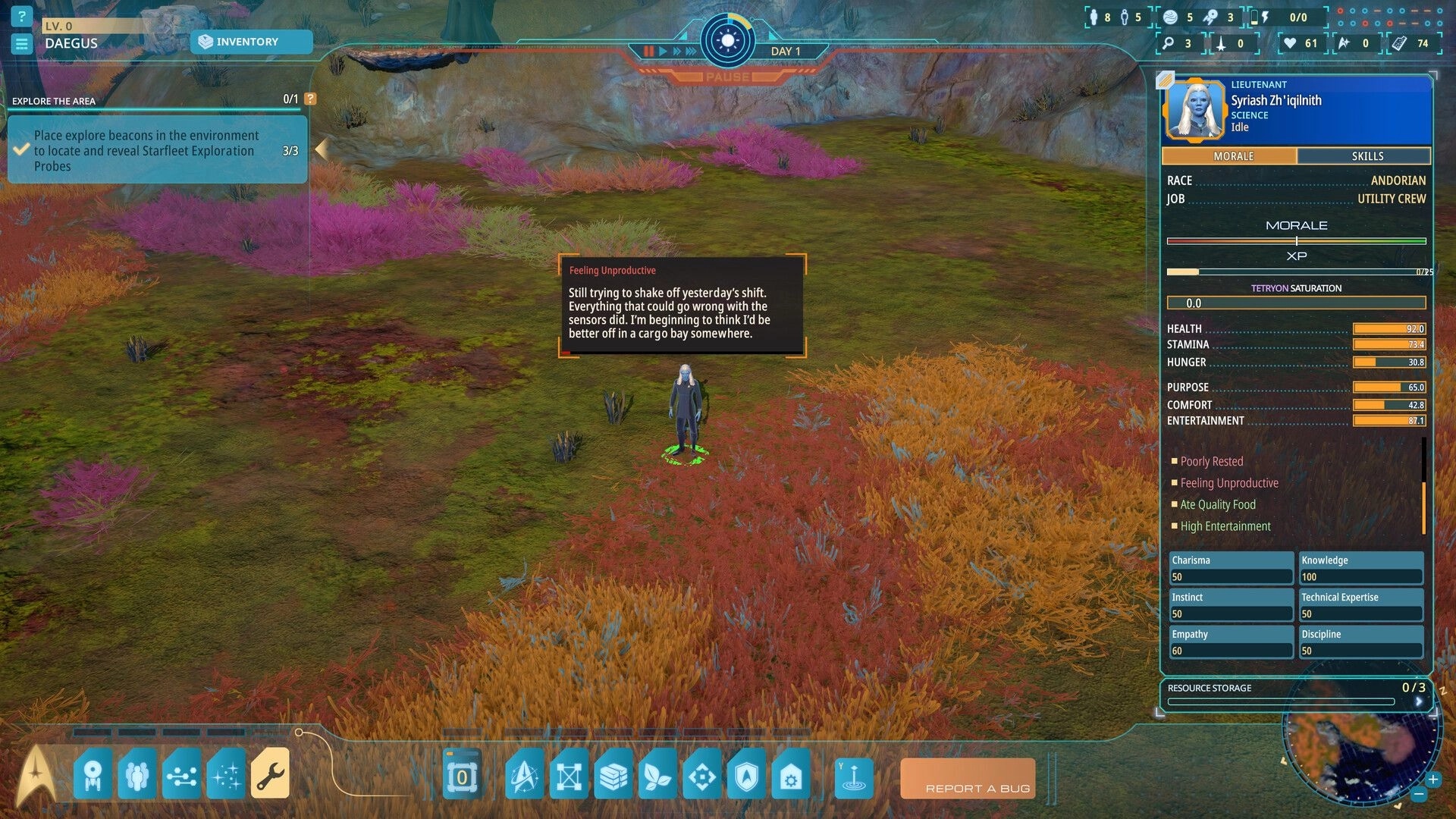 Star Trek: Crew status panel and morale pop-up over lone officer on alien grassland map UI.
