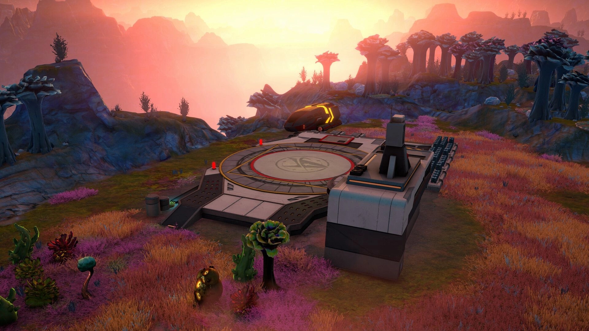 Star Trek: Shuttle parked on circular landing pad beside outpost module on alien plains at sunset.