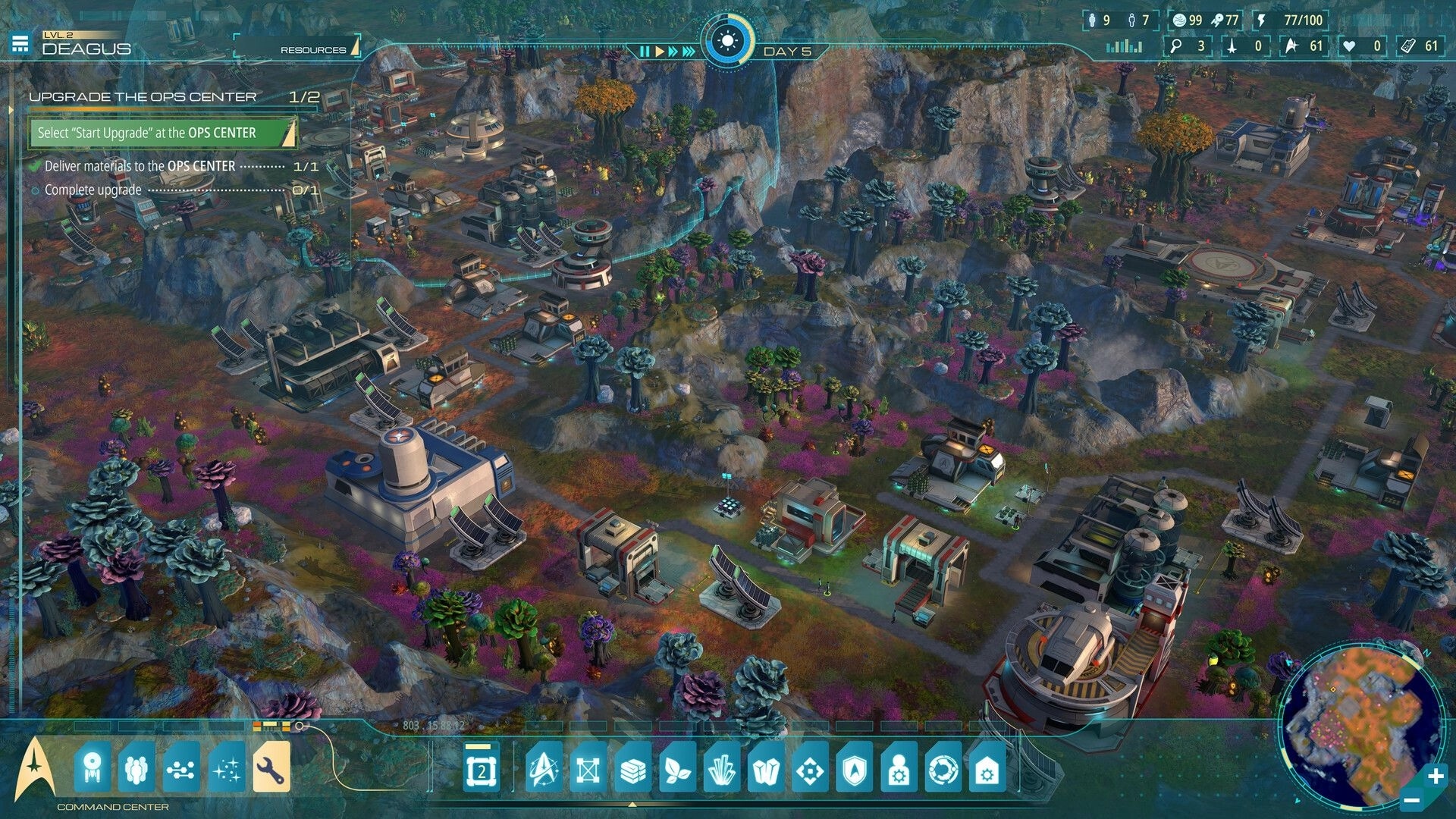 Star Trek: Outpost base overview with upgrade objective UI on a colorful alien valley map, Day 5.