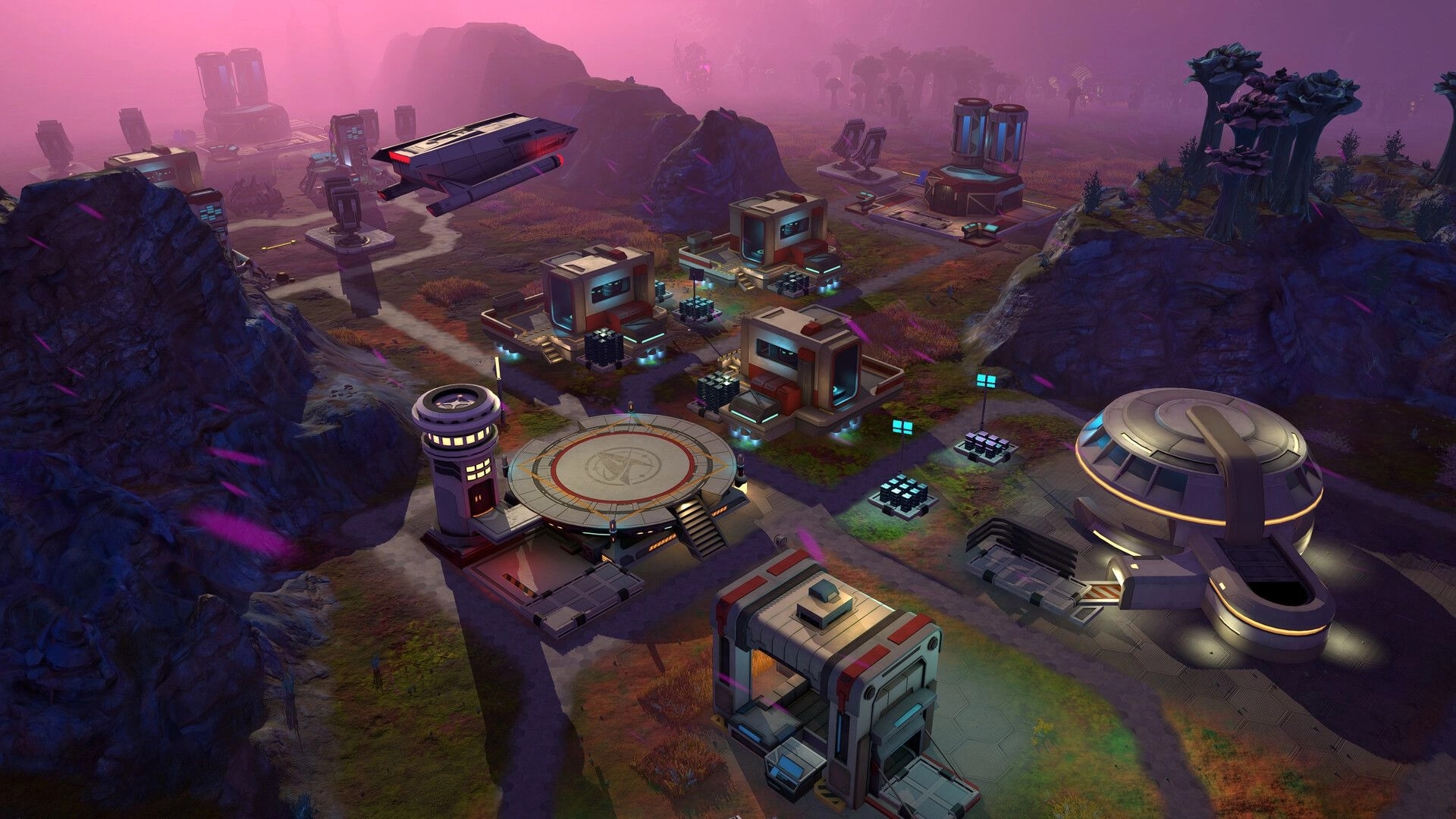 Star Trek: Outpost base overview with landing pad and modules on a misty alien valley at dusk.
