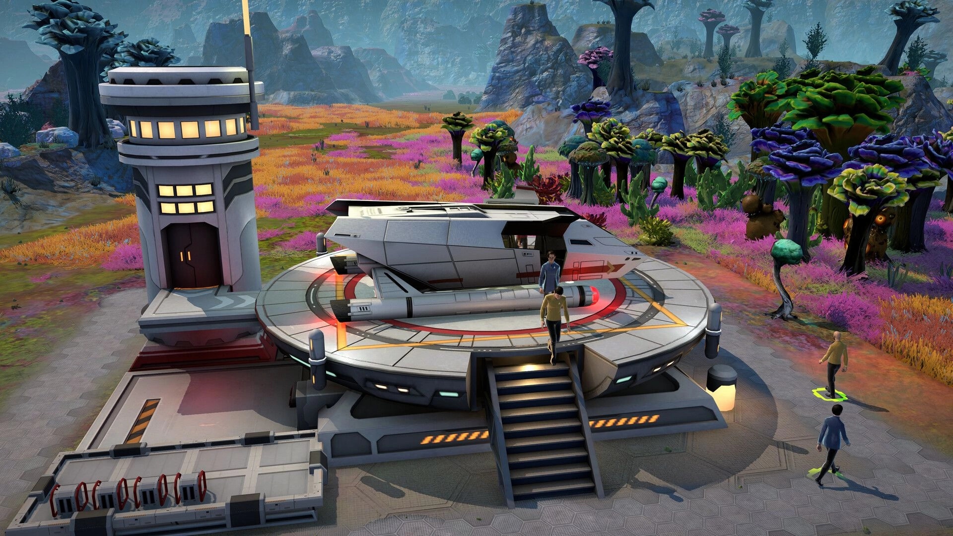 Star Trek: Shuttle on landing pad beside outpost tower on alien plain with crew walking nearby.