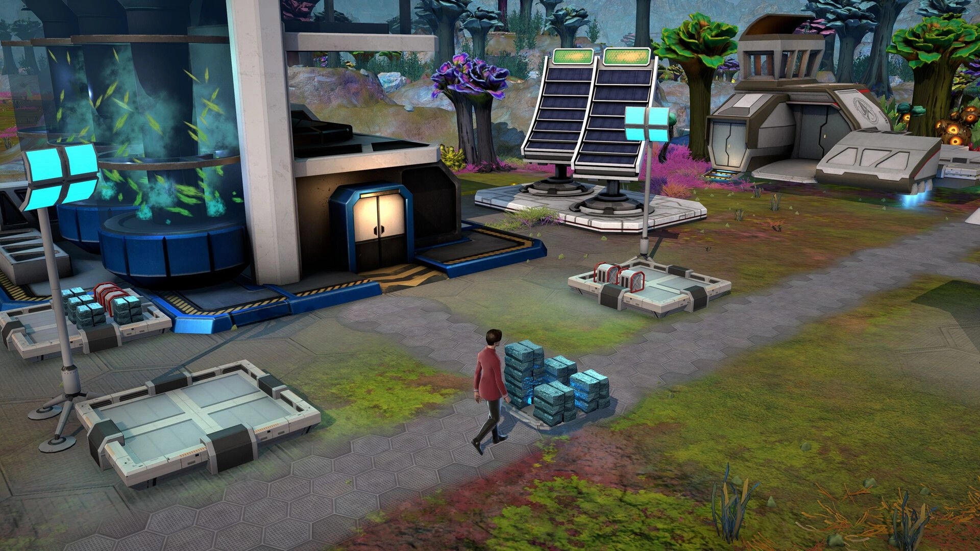 Star Trek: Crew member walks past stacked supplies and solar panels at an alien outpost base camp.
