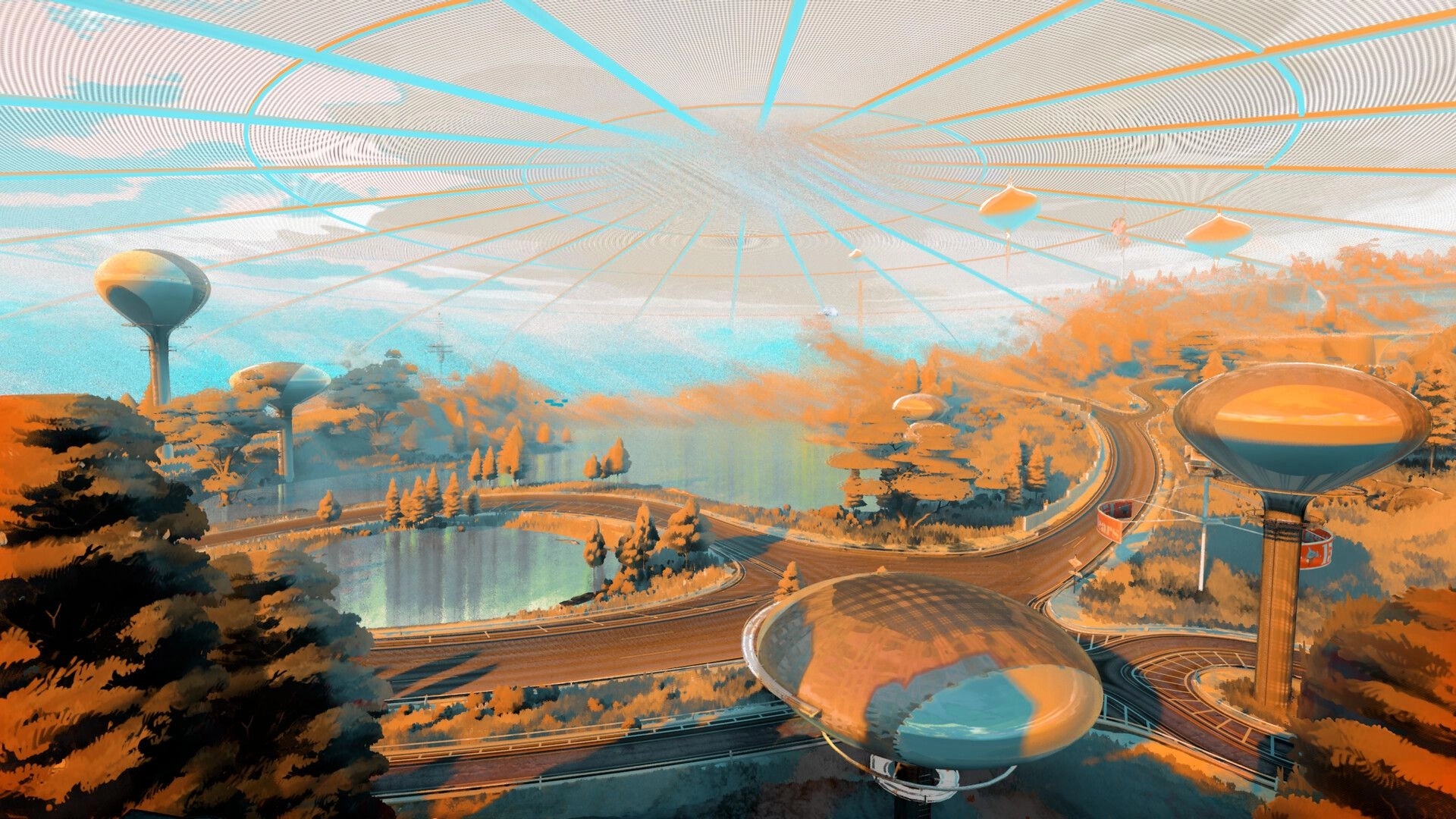 Stardream: Wide view of domed habitat with winding roads, lakes, and retro towers in orange forest.