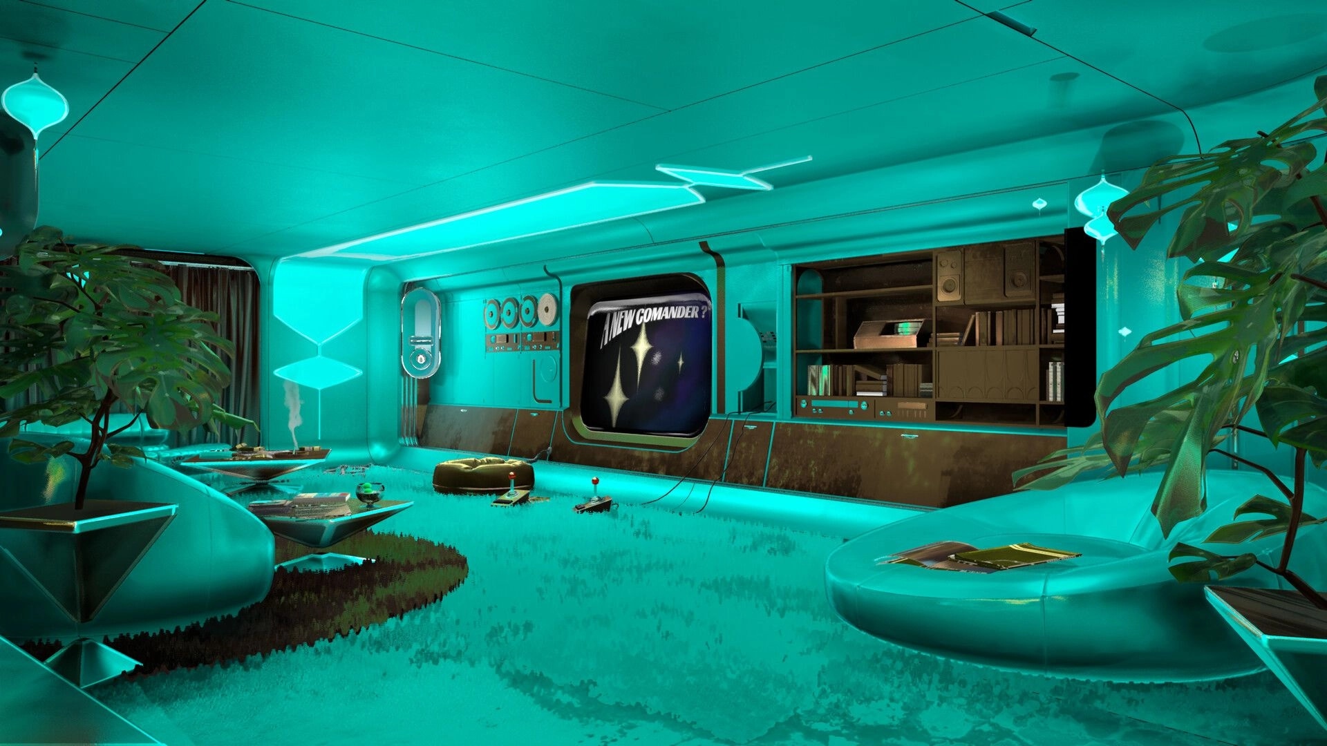 Stardream: Exploring a teal retro lounge with wall screen, shelves, plants, and scattered gadgets indoors.