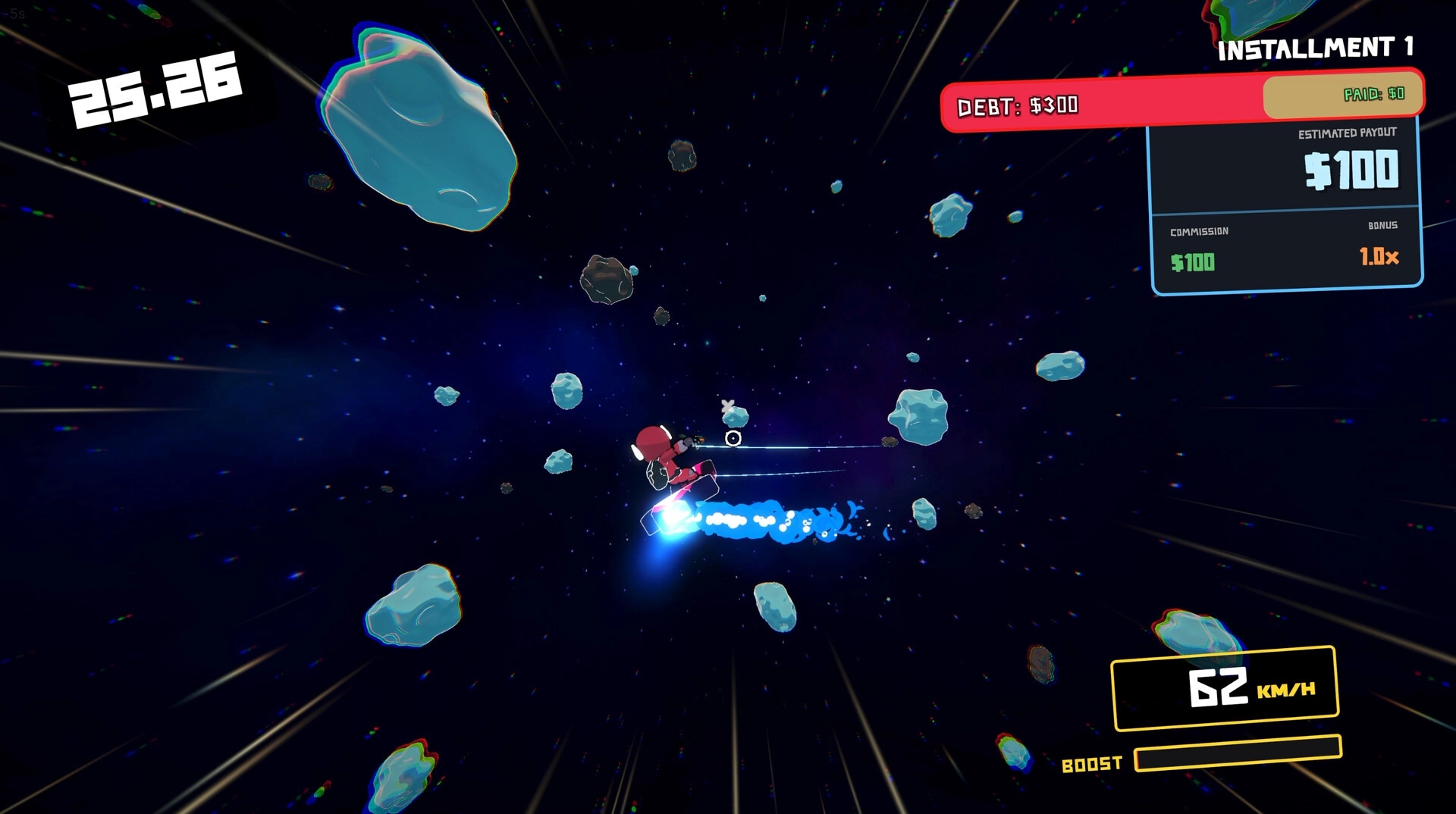 StarDrift Delivery: Rider boosts through an asteroid field with debt/payout HUD and speedometer in space.