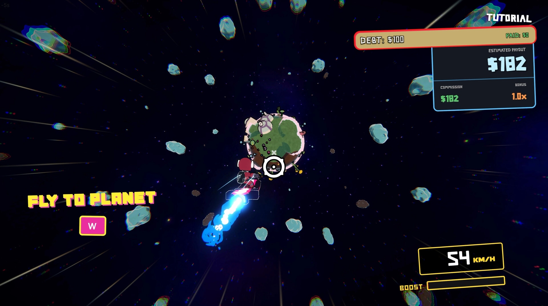 StarDrift Delivery: Ship boosts toward a small planet amid asteroids, tutorial debt and speed UI in space.