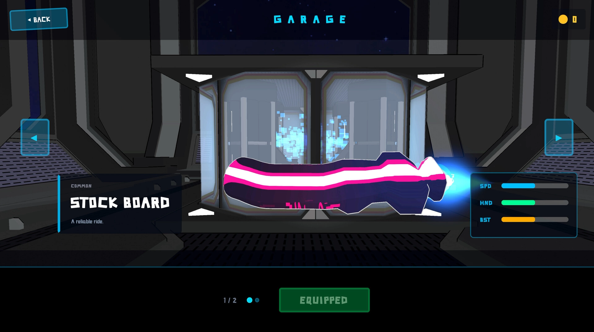 StarDrift Delivery: Garage loadout screen with Stock Board ship equipped and SPD/HND/BST bars.